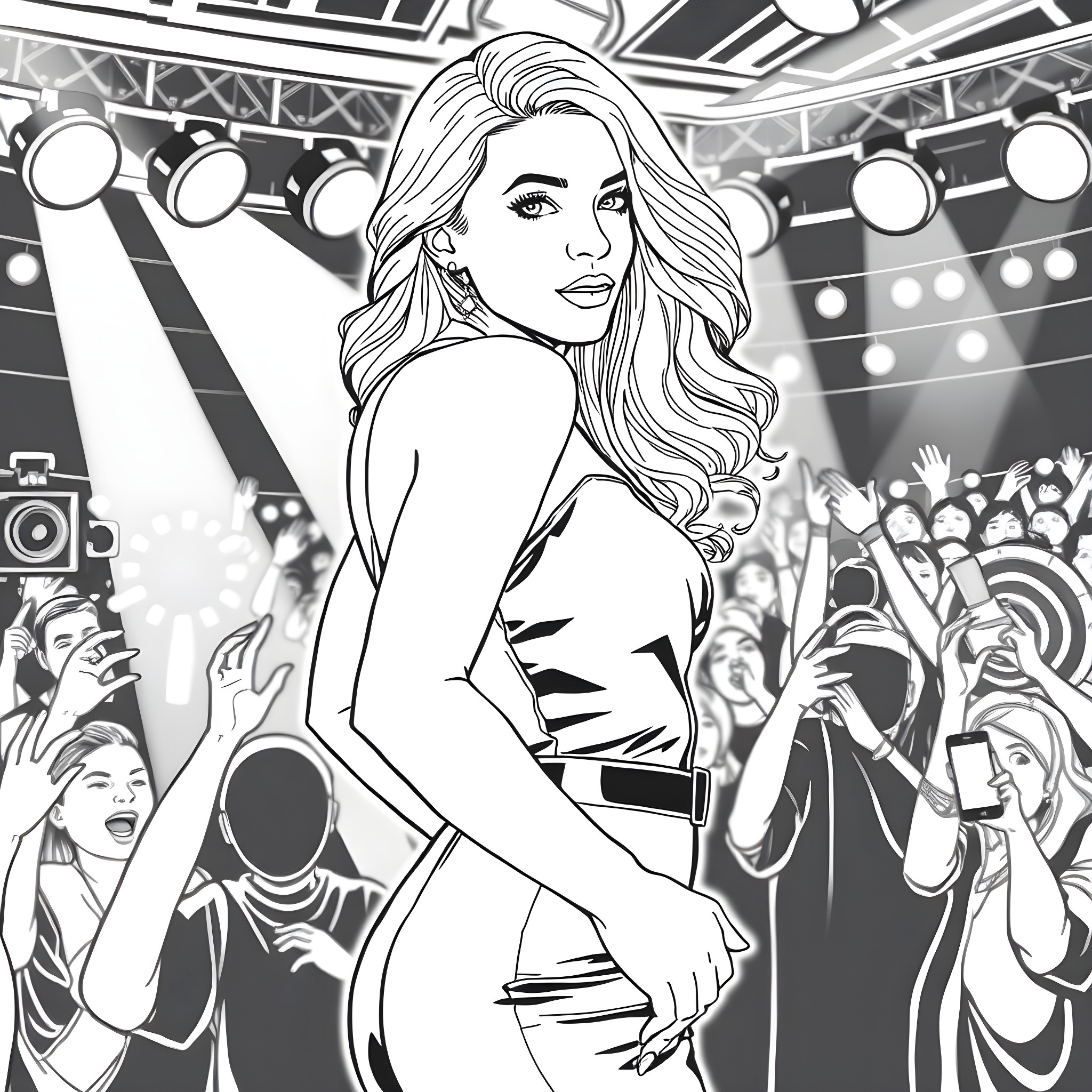 Sydney Sweeney on Stage Performing for Adoring Crowd Coloring Page (free black-and-white line drawing printable PDF for all, from beginners to advanced learners, including children, teens, adults, and seniors)