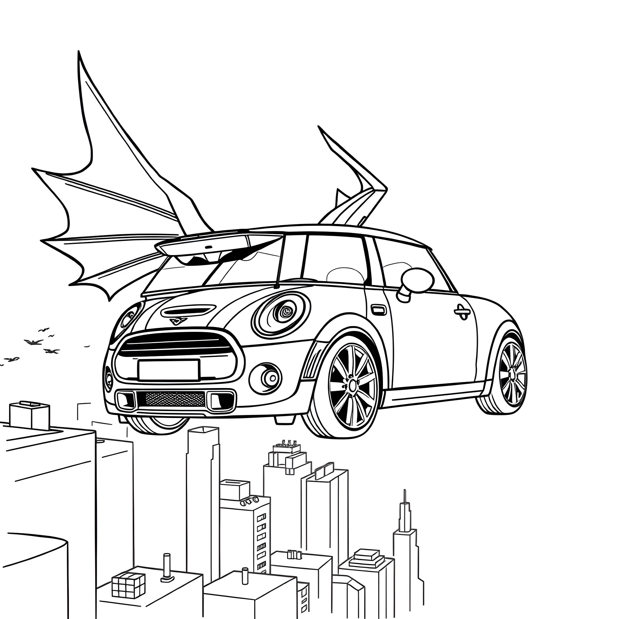 Mini Cooper transforms into superhero flying over cityscape Coloring Page (free black-and-white line drawing printable PDF for all, from beginners to advanced learners, including children, teens, adults, and seniors)