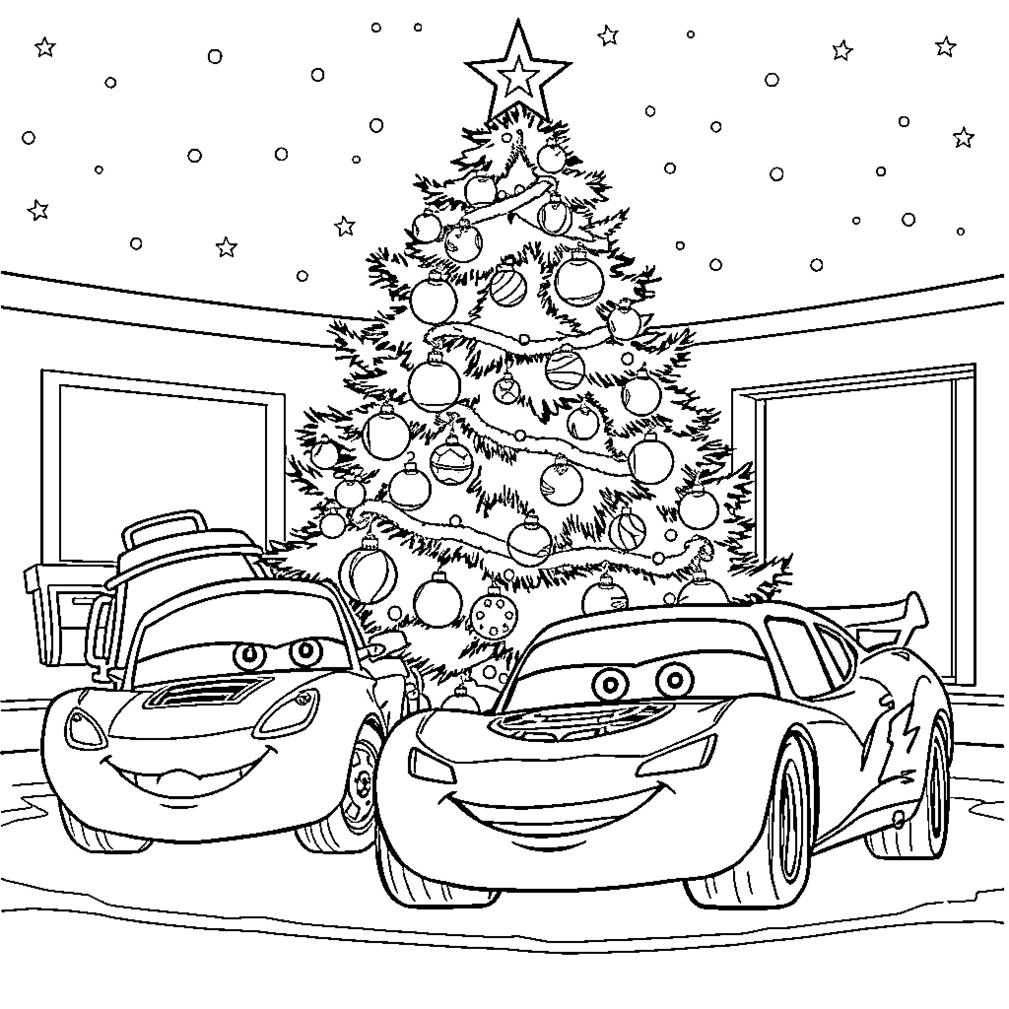 Car characters celebrating Christmas in living room Coloring Page (free black-and-white line drawing printable PDF for all, from beginners to advanced learners, including children, teens, adults, and seniors)