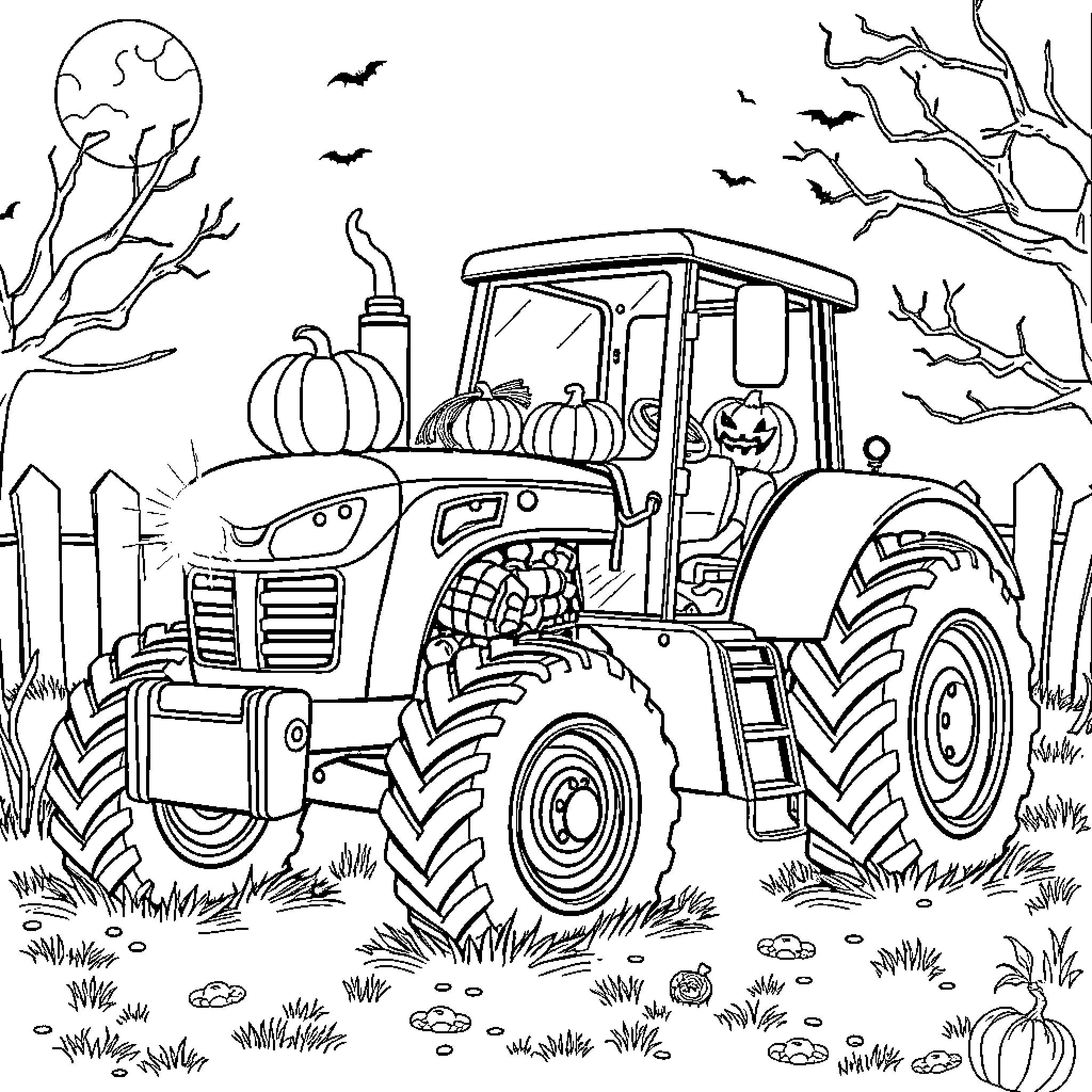 Tractor transporting pumpkins on a spooky Halloween night Coloring Page (free black-and-white line drawing printable PDF for all, from beginners to advanced learners, including children, teens, adults, and seniors)