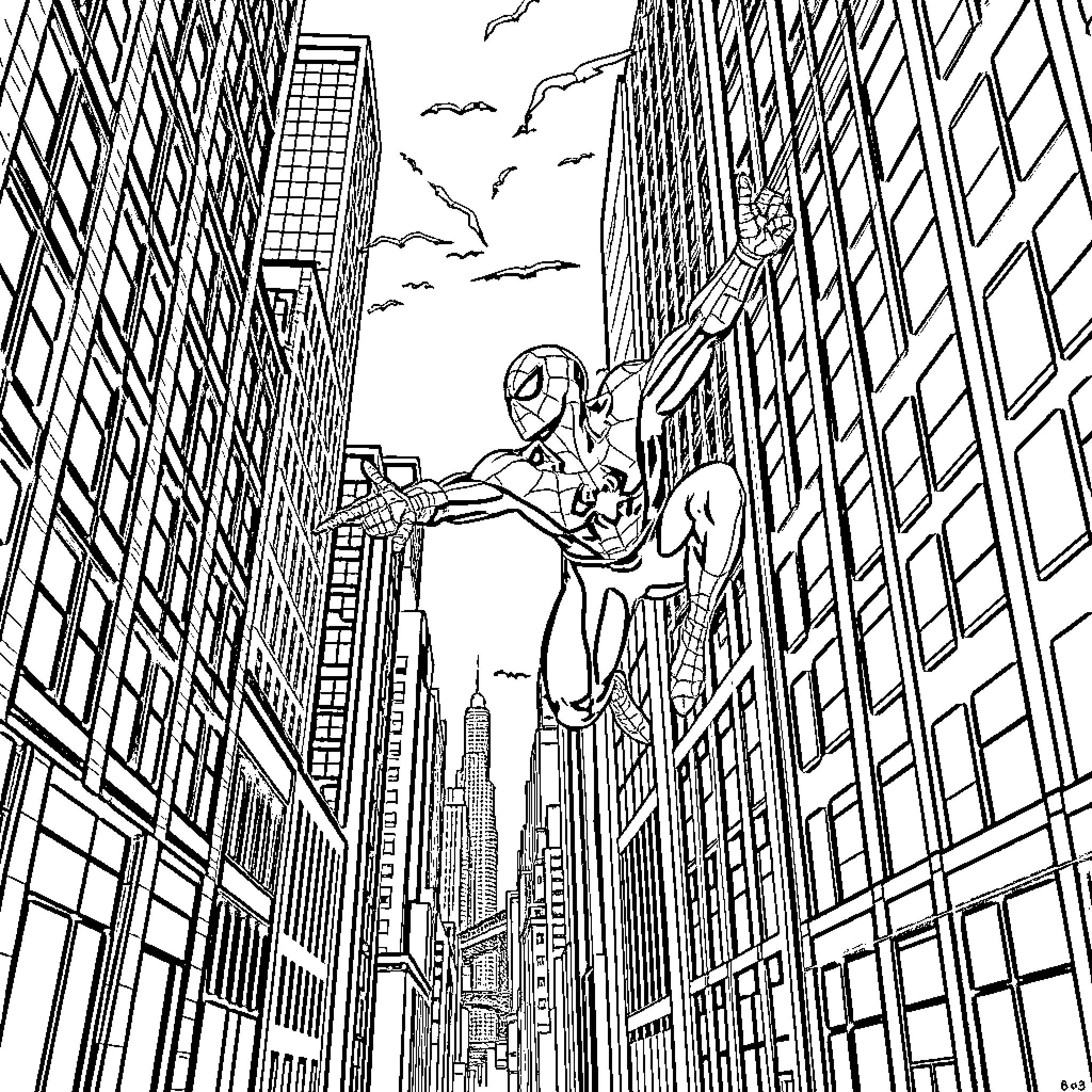 Spiderman swinging through the city skyline Coloring Page (free black-and-white line drawing printable PDF for all, from beginners to advanced learners, including children, teens, adults, and seniors)