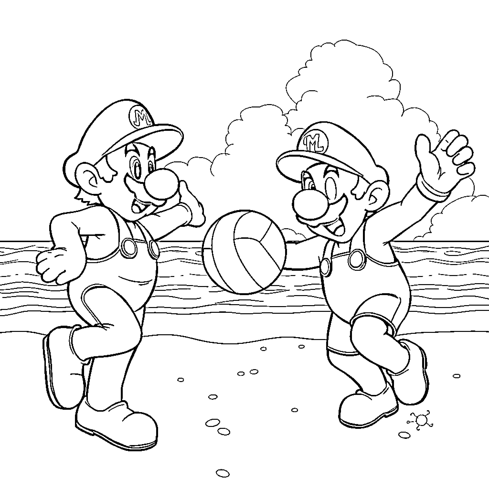 Mario Brothers Playing Beach Ball on the Shoreline Coloring Page (free black-and-white line drawing printable PDF for all, from beginners to advanced learners, including children, teens, adults, and seniors)