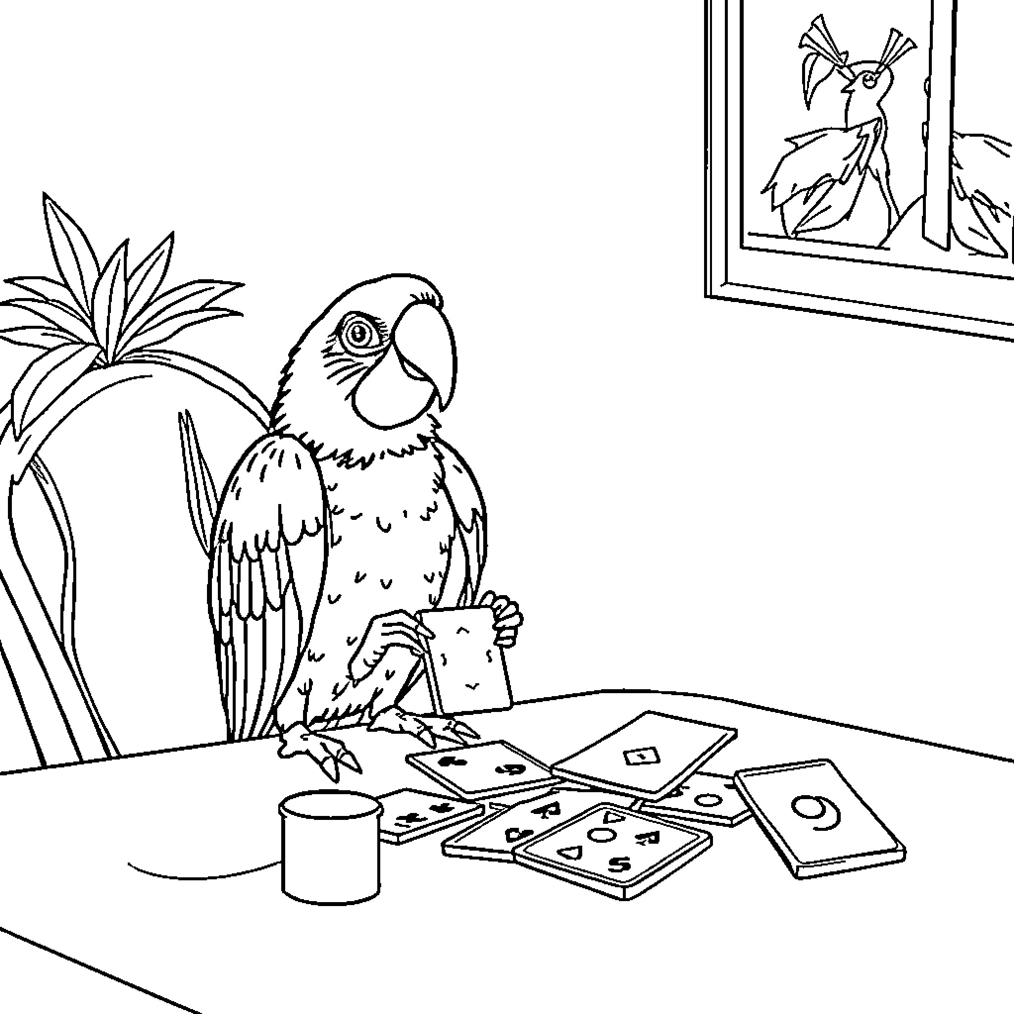 Parrot playing with cards and paints Coloring Page (free black-and-white line drawing printable PDF for all, from beginners to advanced learners, including children, teens, adults, and seniors)
