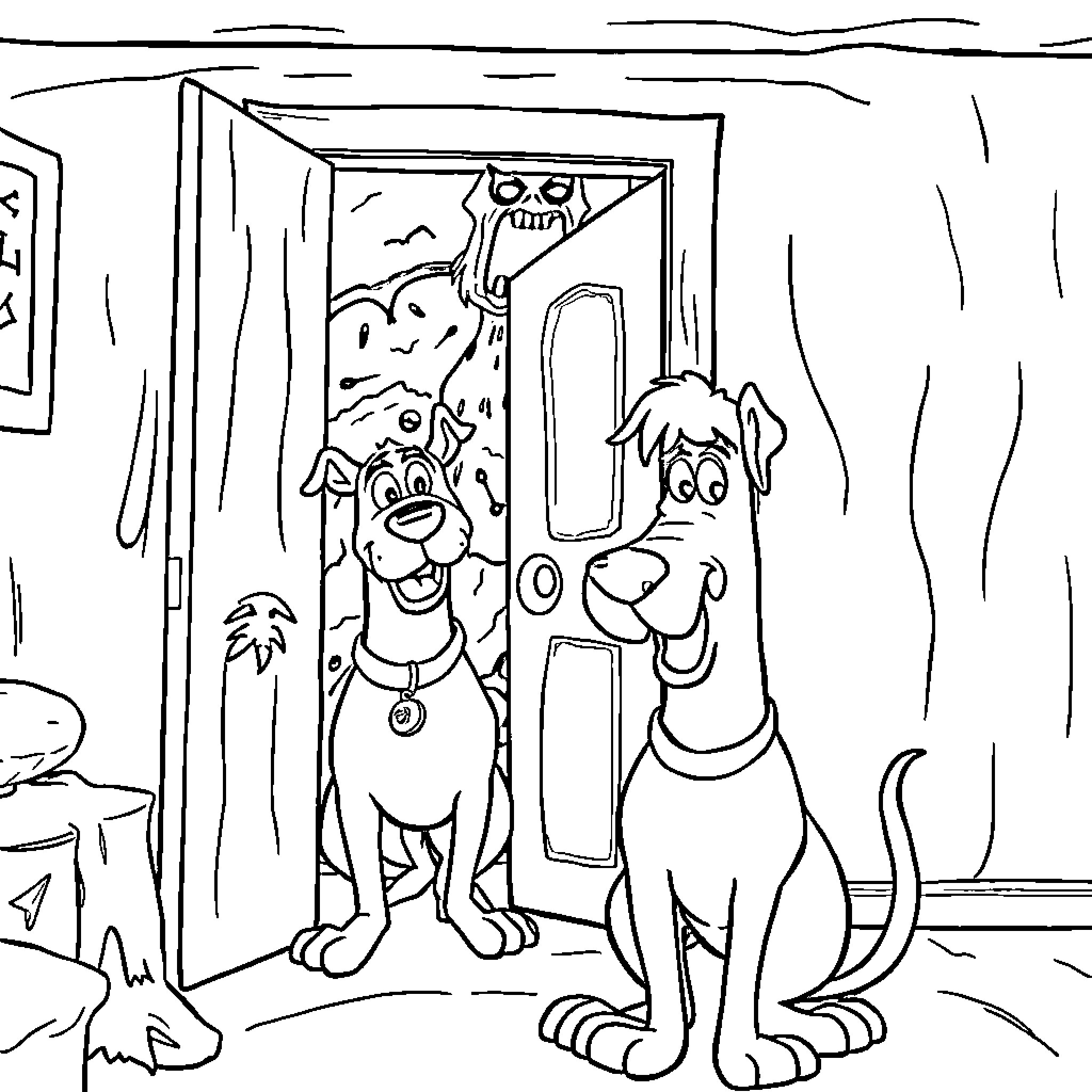 Scooby Doo characters exploring a spooky doorway Coloring Page (free black-and-white line drawing printable PDF for all, from beginners to advanced learners, including children, teens, adults, and seniors)