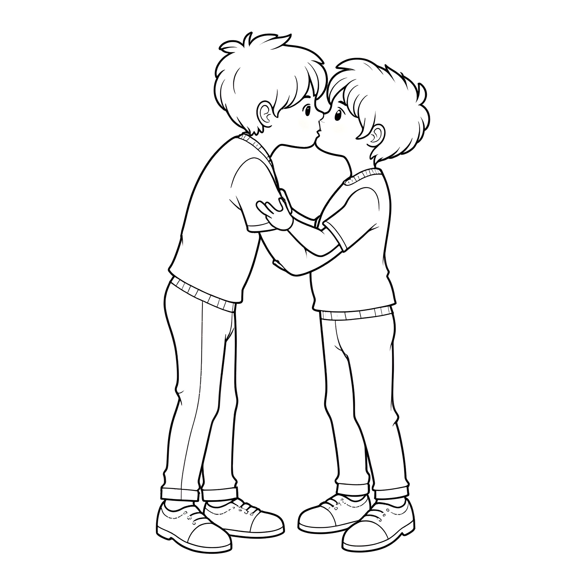 Man embracing another man affectionately Coloring Page (free black-and-white line drawing printable PDF for all, from beginners to advanced learners, including children, teens, adults, and seniors)