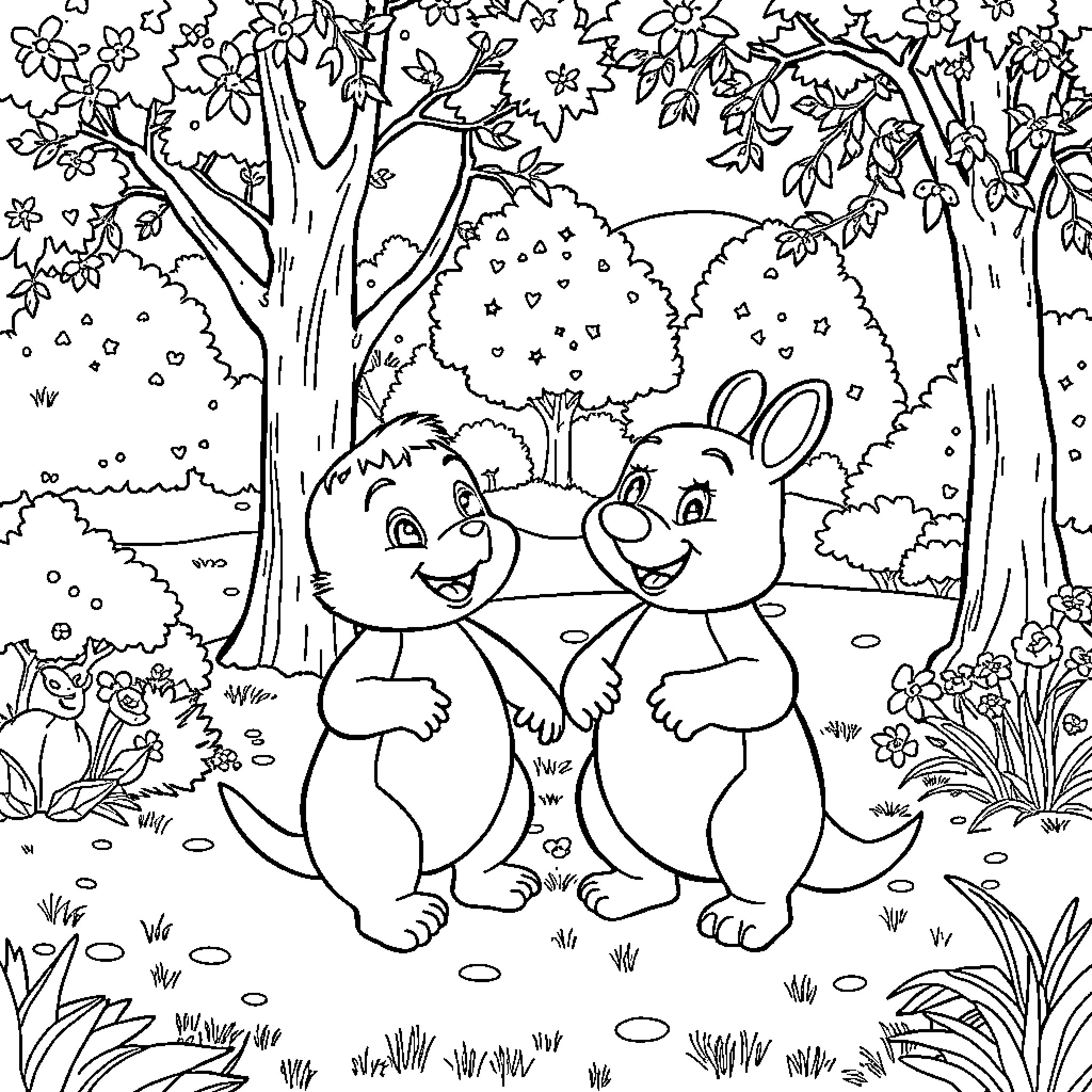 Bing Bunnies in Whimsical Forest Illustration Coloring Page (free black-and-white line drawing printable PDF for all, from beginners to advanced learners, including children, teens, adults, and seniors)