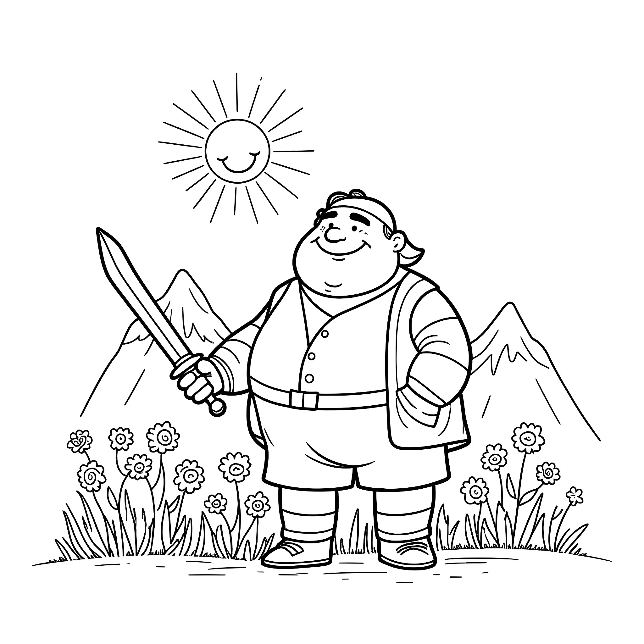 Man Gardening in the Sunny Mountain Landscape Coloring Page (free black-and-white line drawing printable PDF for all, from beginners to advanced learners, including children, teens, adults, and seniors)