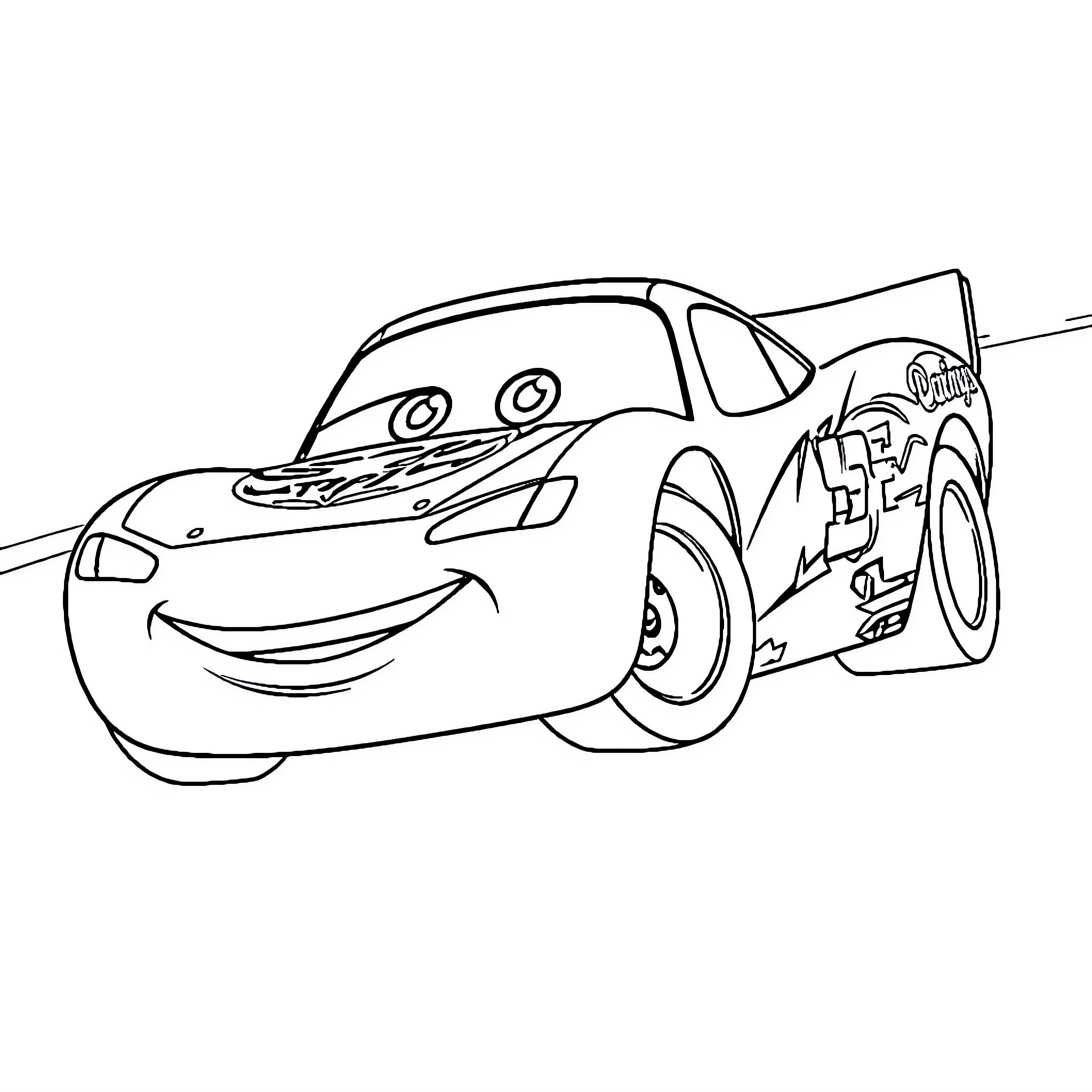 Lightning McQueen speeding through the race track Coloring Page (free black-and-white line drawing printable PDF for all, from beginners to advanced learners, including children, teens, adults, and seniors)