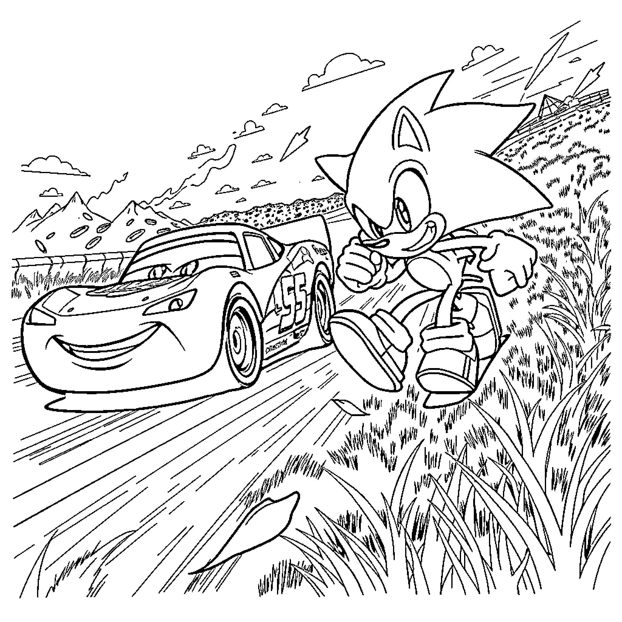 Lightning McQueen racing through the countryside Coloring Page (free black-and-white line drawing printable PDF for all, from beginners to advanced learners, including children, teens, adults, and seniors)