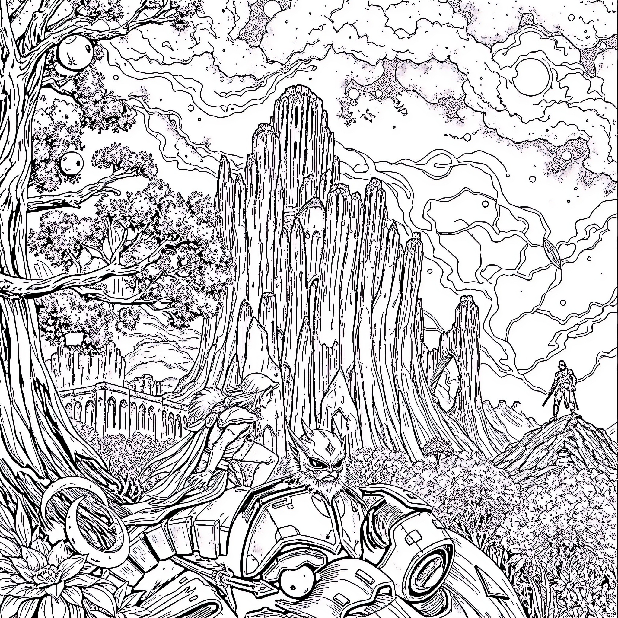 Kael's Fantastical Mechanical Journey through Otherworldly Landscapes Coloring Page (free black-and-white line drawing printable PDF for all, from beginners to advanced learners, including children, teens, adults, and seniors)
