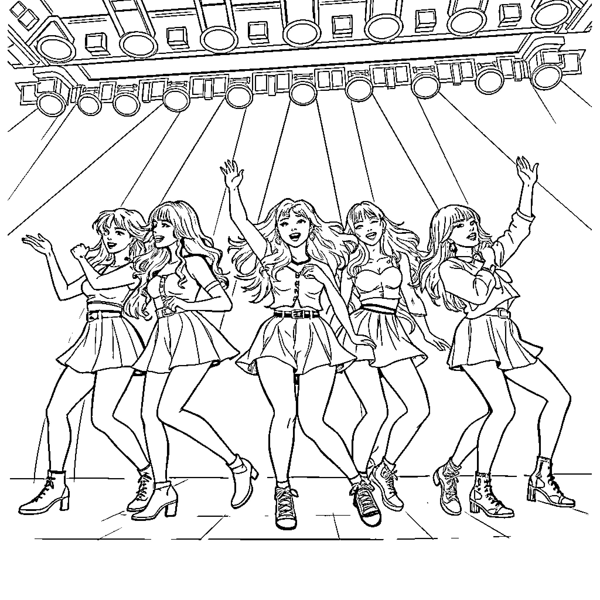 Kpop Girl Group Performing on Stage Coloring Page (free black-and-white line drawing printable PDF for all, from beginners to advanced learners, including children, teens, adults, and seniors)