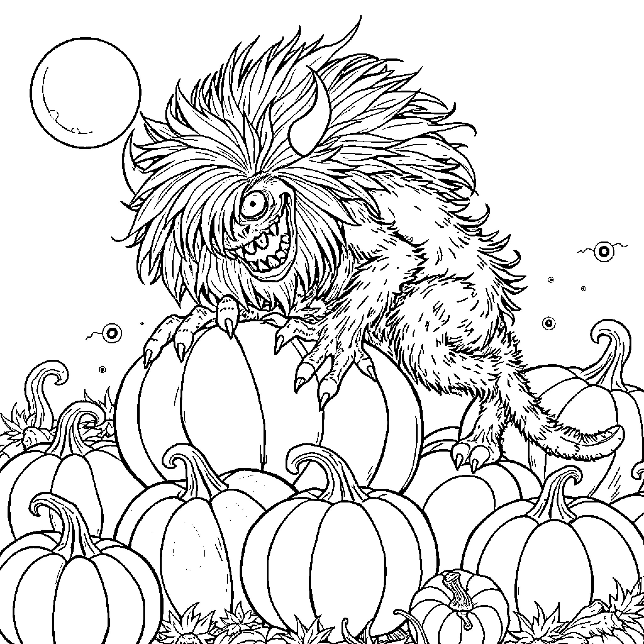 Monster playing among pumpkins in the moonlight Coloring Page (free black-and-white line drawing printable PDF for all, from beginners to advanced learners, including children, teens, adults, and seniors)