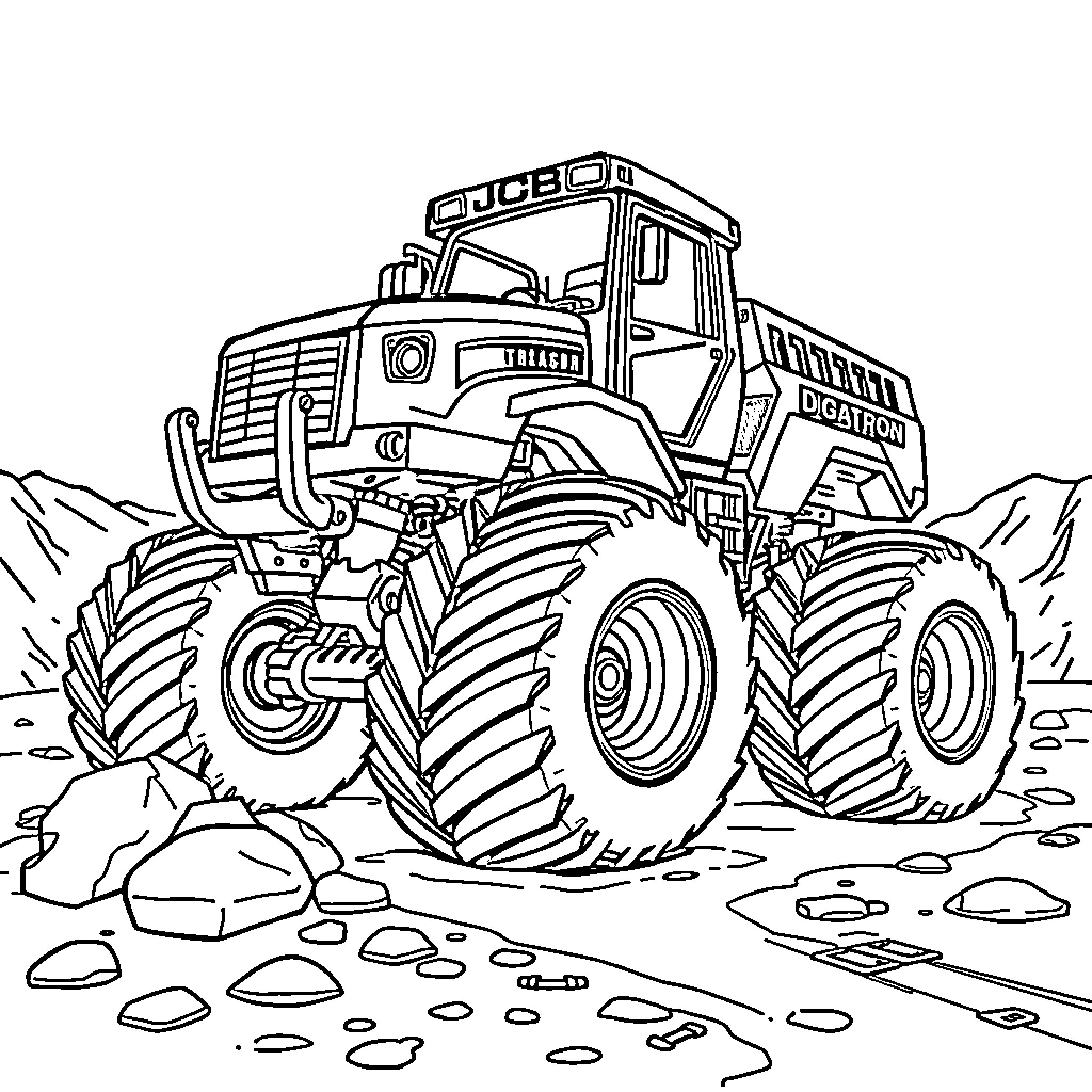 Monster Truck Crushing Obstacles on the Rugged Terrain Coloring Page (free black-and-white line drawing printable PDF for all, from beginners to advanced learners, including children, teens, adults, and seniors)