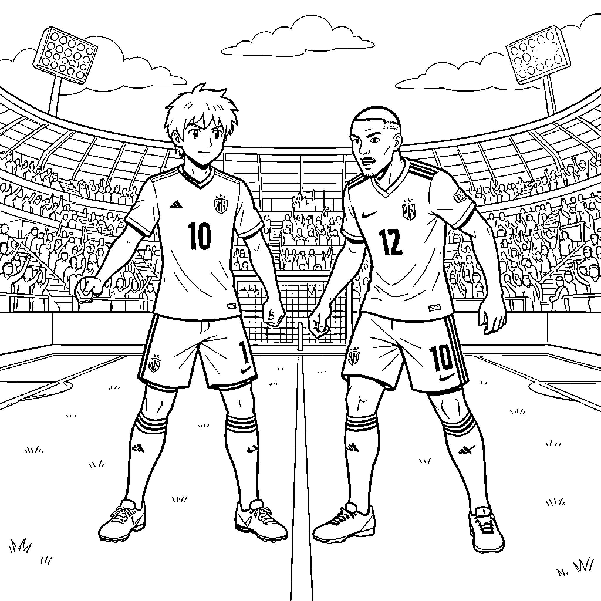 Zidane and teammate standing on a soccer field Coloring Page (free black-and-white line drawing printable PDF for all, from beginners to advanced learners, including children, teens, adults, and seniors)