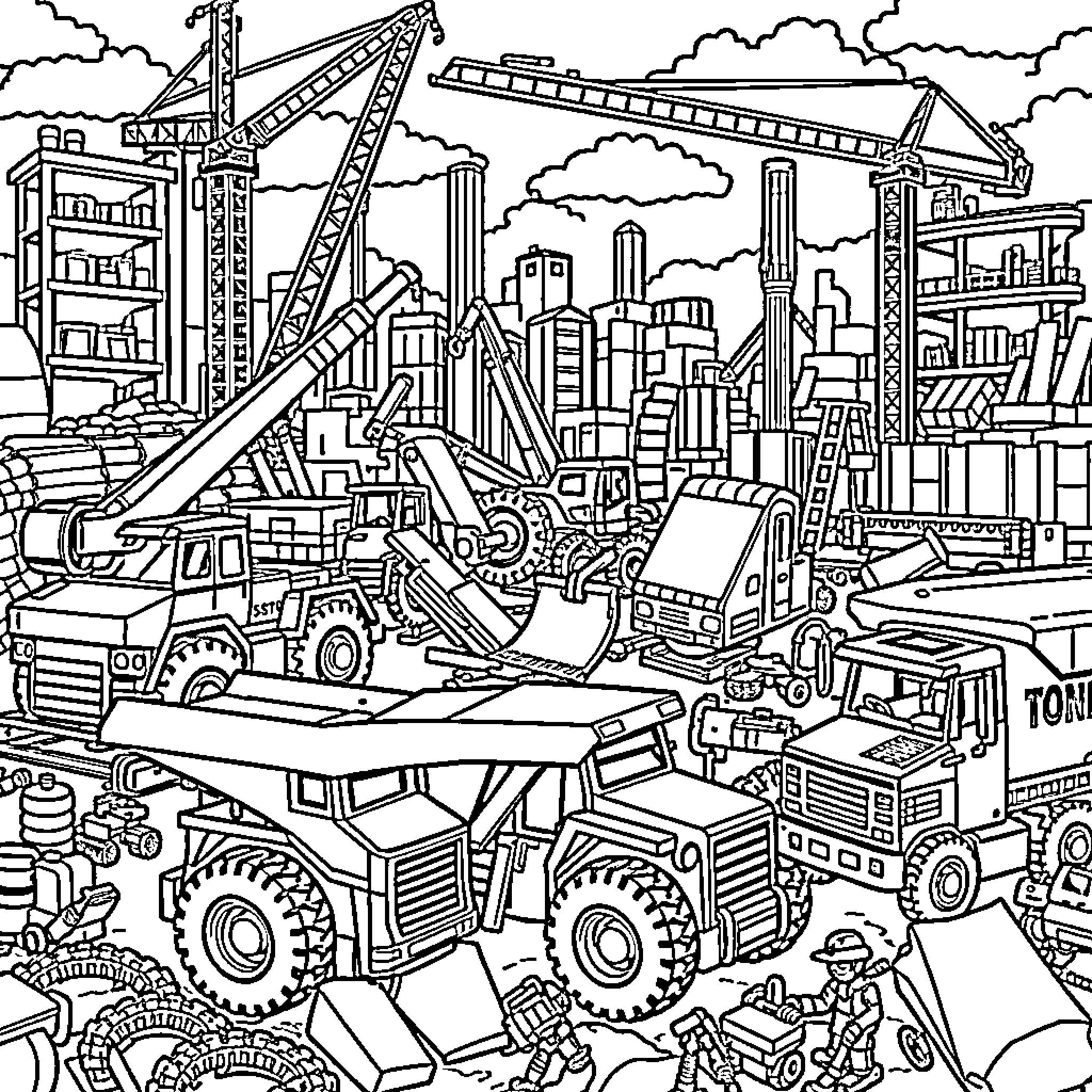 Tonka Toy Construction Site with Heavy Machinery and Vehicles Coloring Page (free black-and-white line drawing printable PDF for all, from beginners to advanced learners, including children, teens, adults, and seniors)