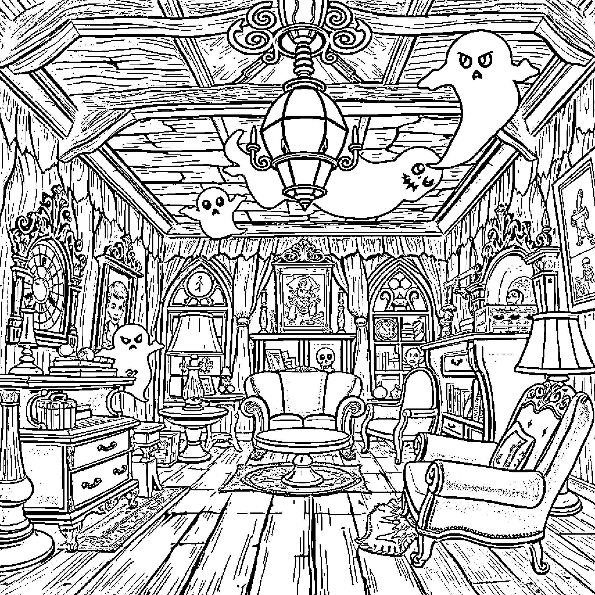 Luigi's Spooky Haunted Mansion Adventure Coloring Page (free black-and-white line drawing printable PDF for all, from beginners to advanced learners, including children, teens, adults, and seniors)