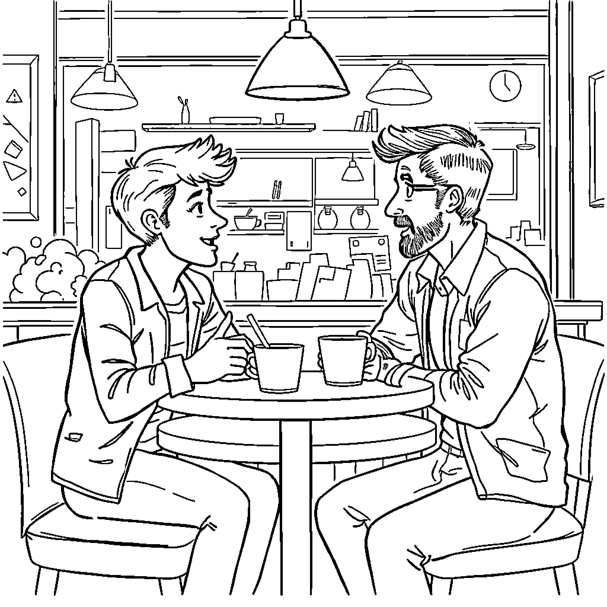 Character Interaction in a Cafe Setting Coloring Page (free black-and-white line drawing printable PDF for all, from beginners to advanced learners, including children, teens, adults, and seniors)