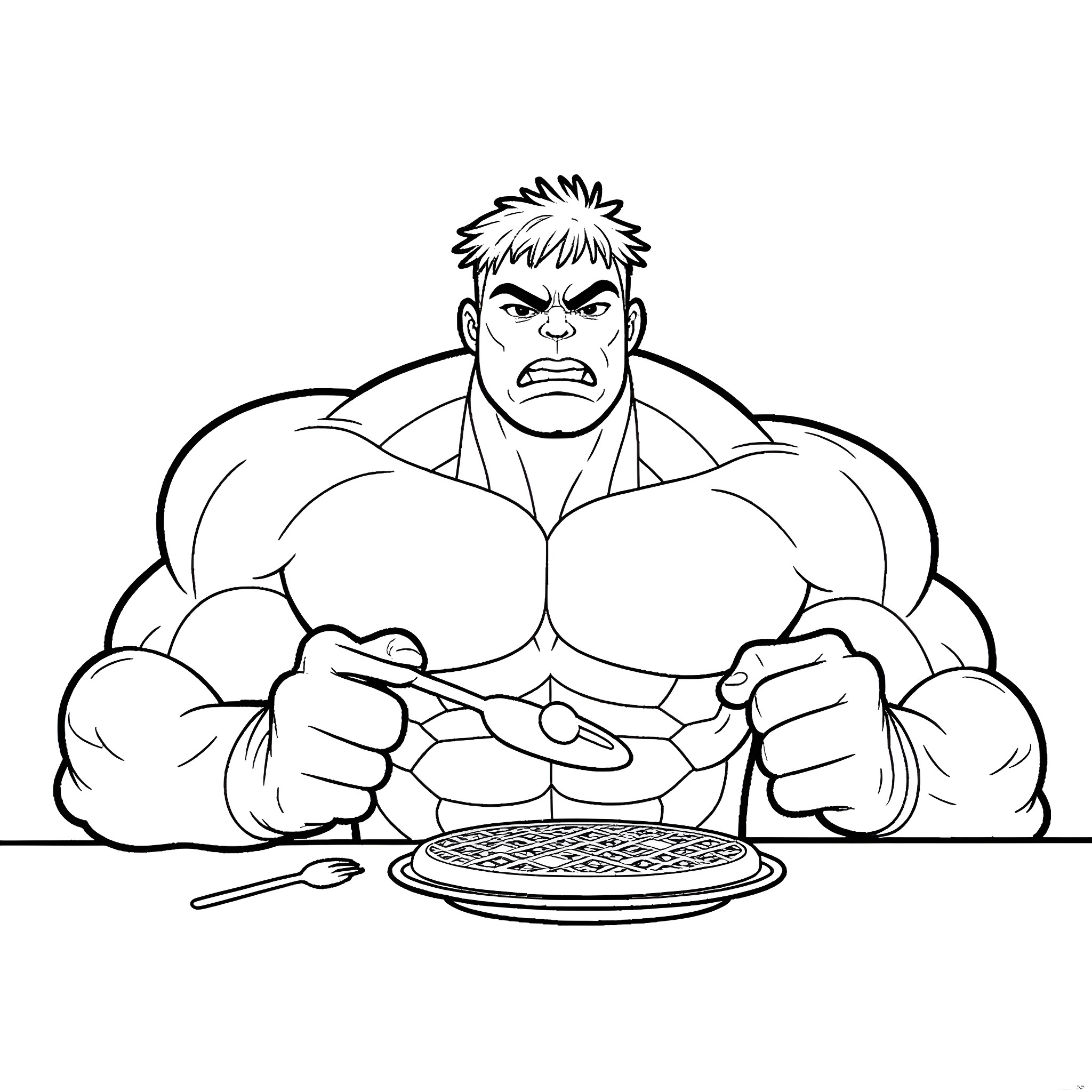 Hulk Angrily Eating Pizza Coloring Page (free black-and-white line drawing printable PDF for all, from beginners to advanced learners, including children, teens, adults, and seniors)