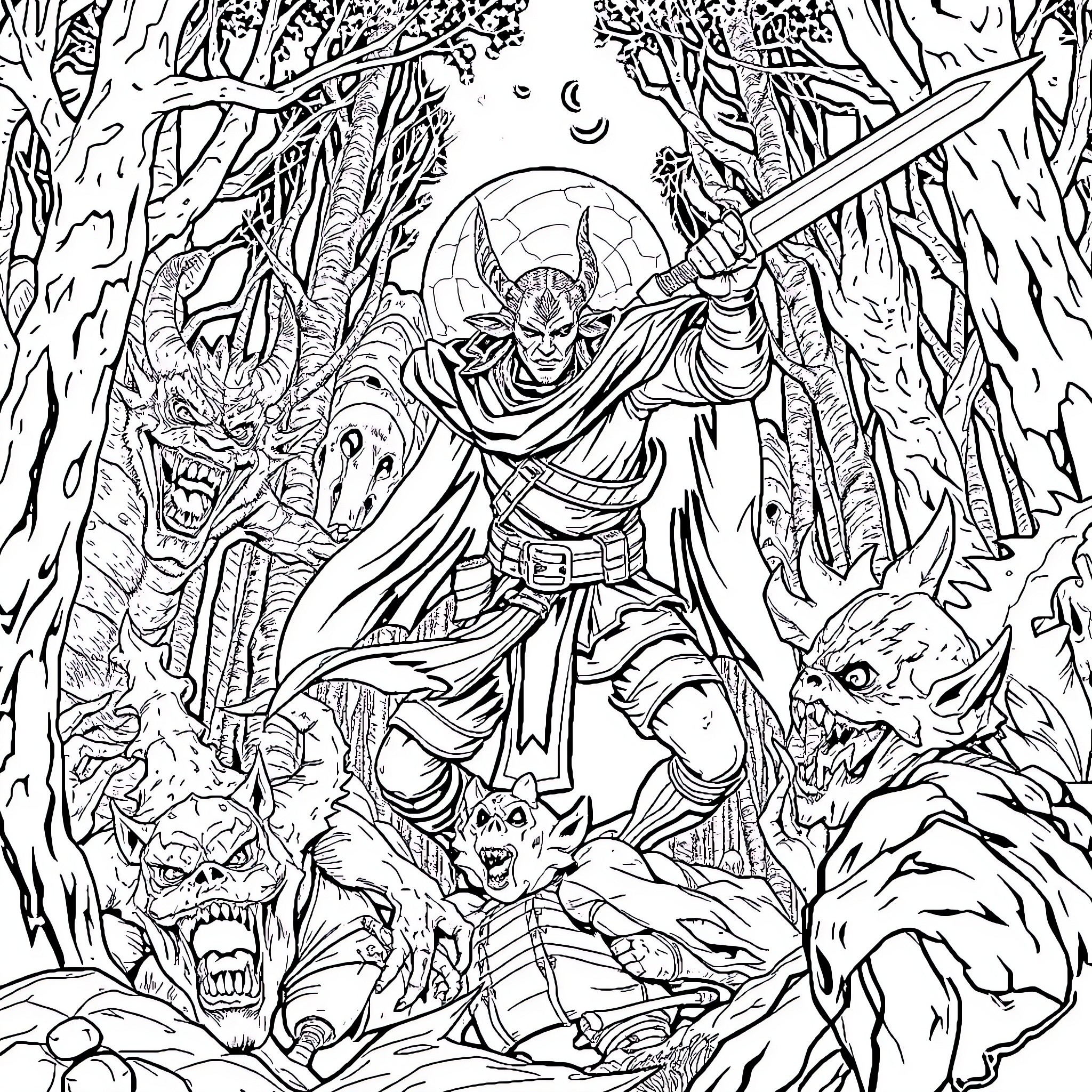 Demon Slayer Warrior Battles Fierce Creatures in Forest Coloring Page (free black-and-white line drawing printable PDF for all, from beginners to advanced learners, including children, teens, adults, and seniors)