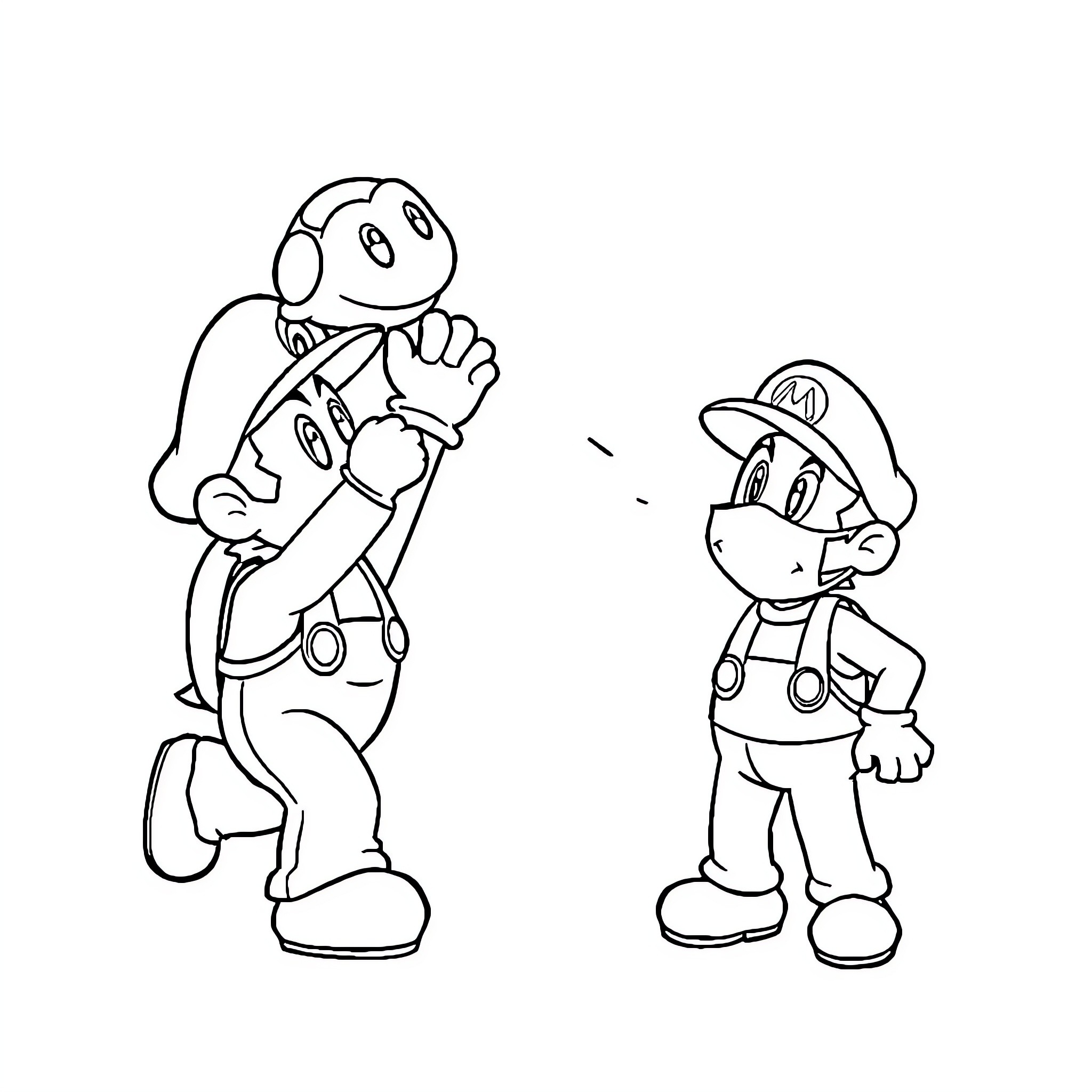 Mario's Playful Encounter with a Friendly Character Coloring Page (free black-and-white line drawing printable PDF for all, from beginners to advanced learners, including children, teens, adults, and seniors)