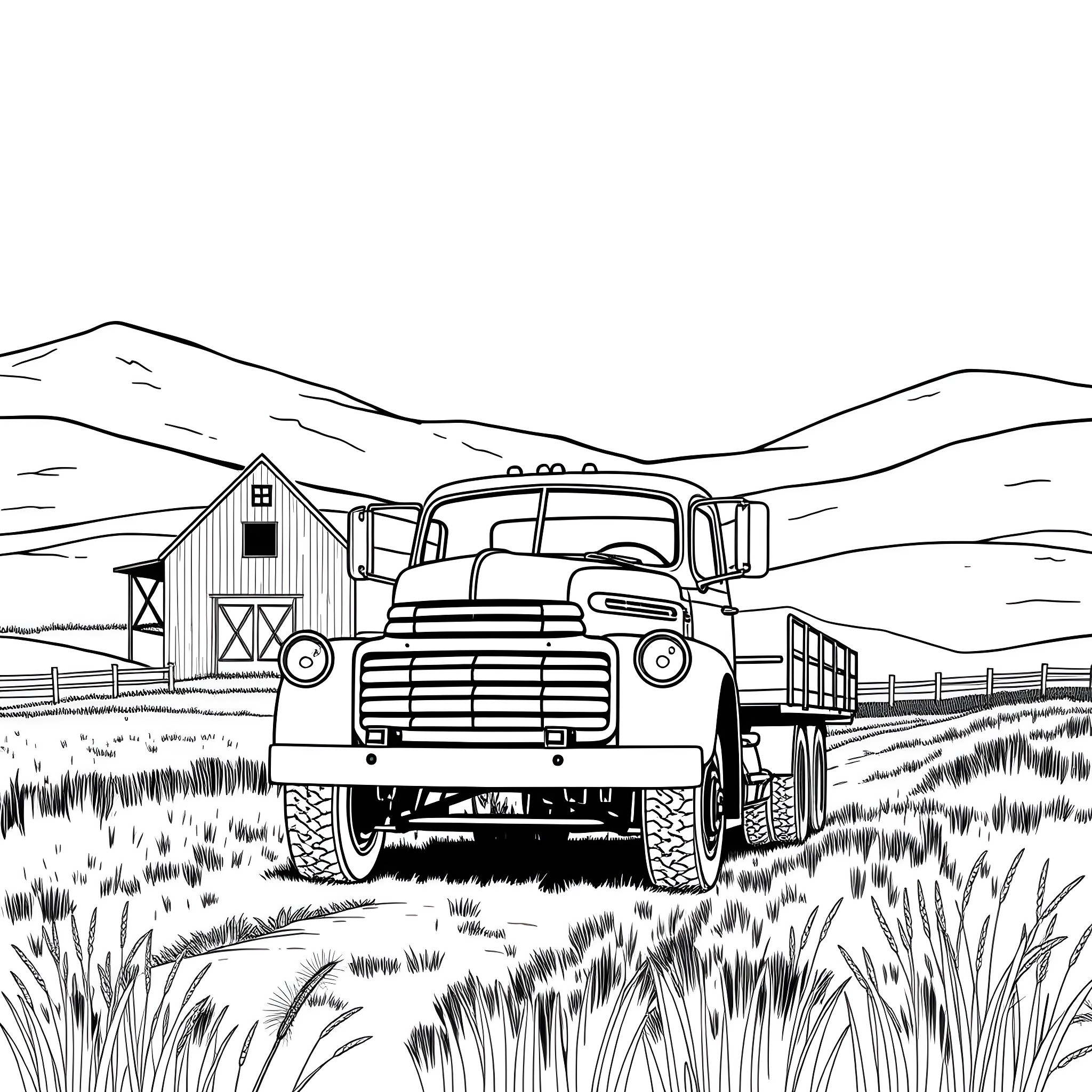 Flatbed truck in rural countryside landscape Coloring Page (free black-and-white line drawing printable PDF for all, from beginners to advanced learners, including children, teens, adults, and seniors)