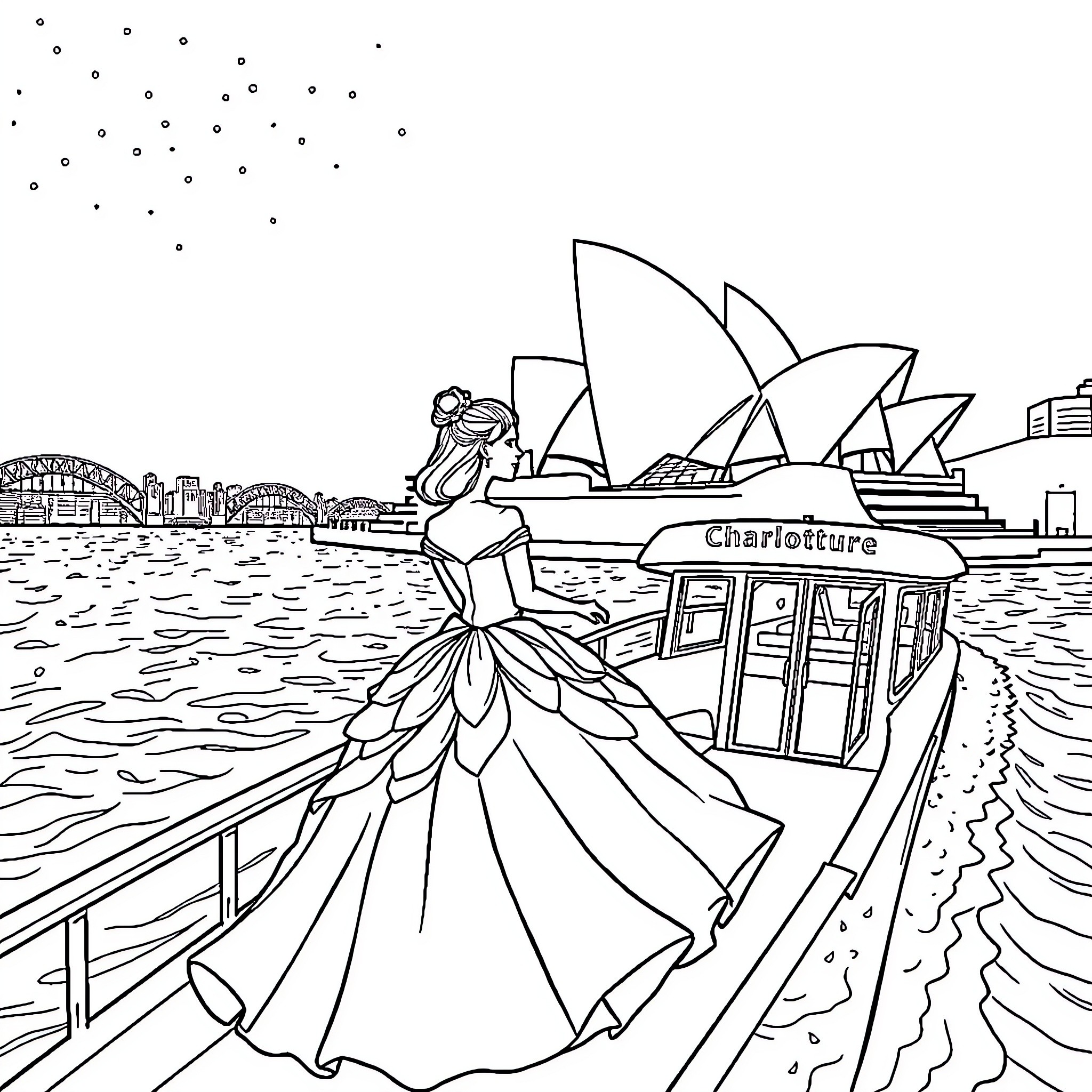 Princess exploring the city by the sea Coloring Page (free black-and-white line drawing printable PDF for all, from beginners to advanced learners, including children, teens, adults, and seniors)