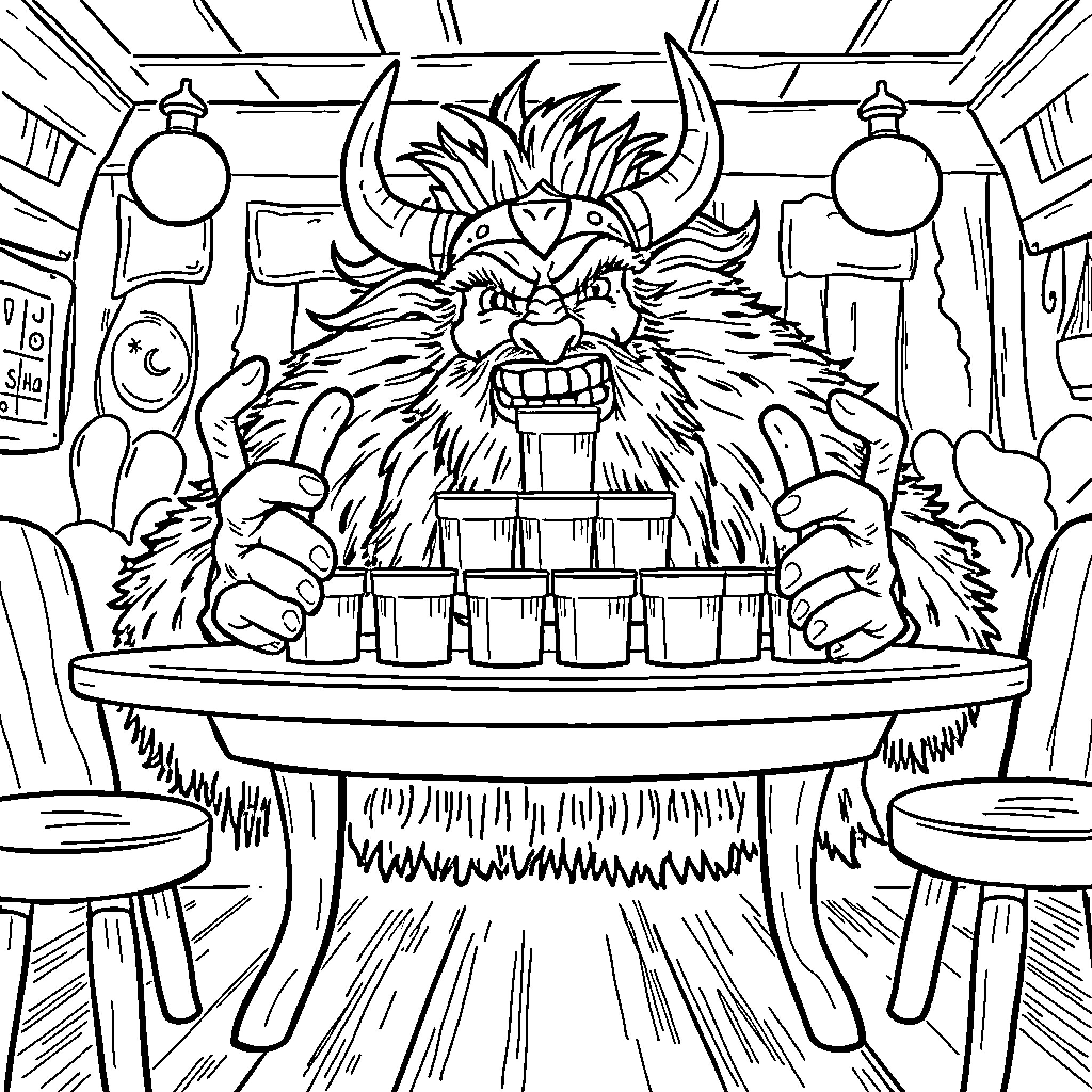 Firblogmix Creature Serving Drinks in a Cozy Room Coloring Page (free black-and-white line drawing printable PDF for all, from beginners to advanced learners, including children, teens, adults, and seniors)