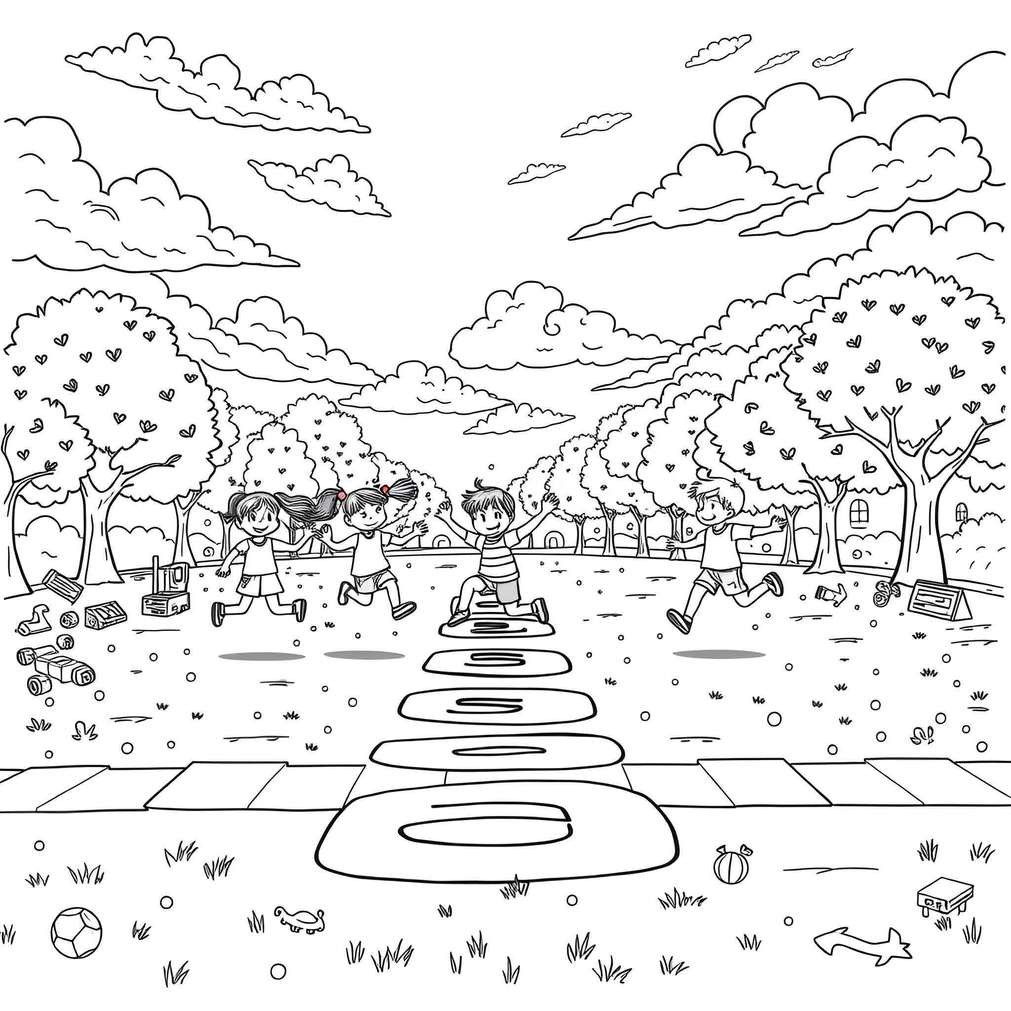 Child playing joyfully in the park Coloring Page (free black-and-white line drawing printable PDF for all, from beginners to advanced learners, including children, teens, adults, and seniors)