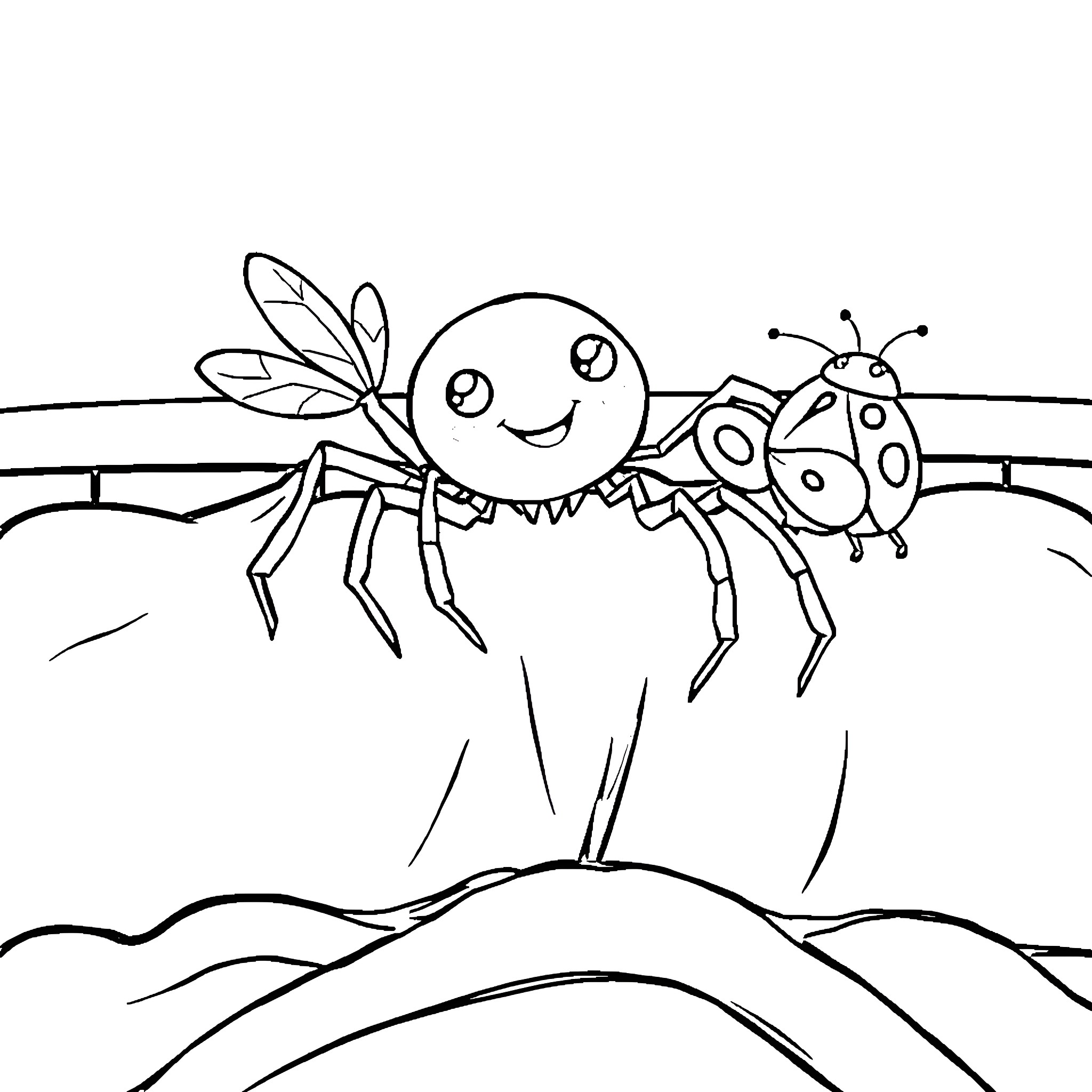 Spider and friends exploring the garden Coloring Page (free black-and-white line drawing printable PDF for all, from beginners to advanced learners, including children, teens, adults, and seniors)