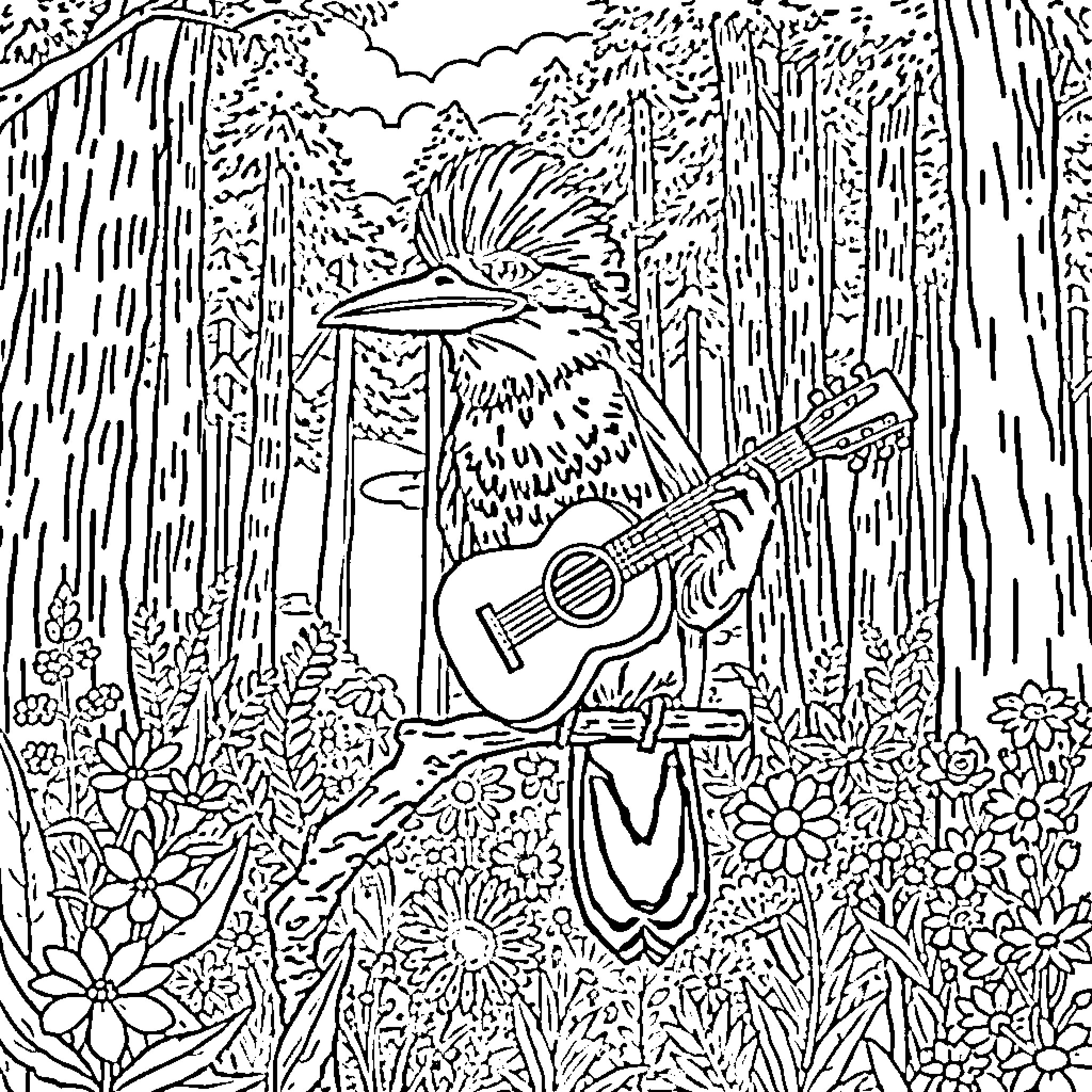 Kookaburra playing guitar in a lush forest Coloring Page (free black-and-white line drawing printable PDF for all, from beginners to advanced learners, including children, teens, adults, and seniors)