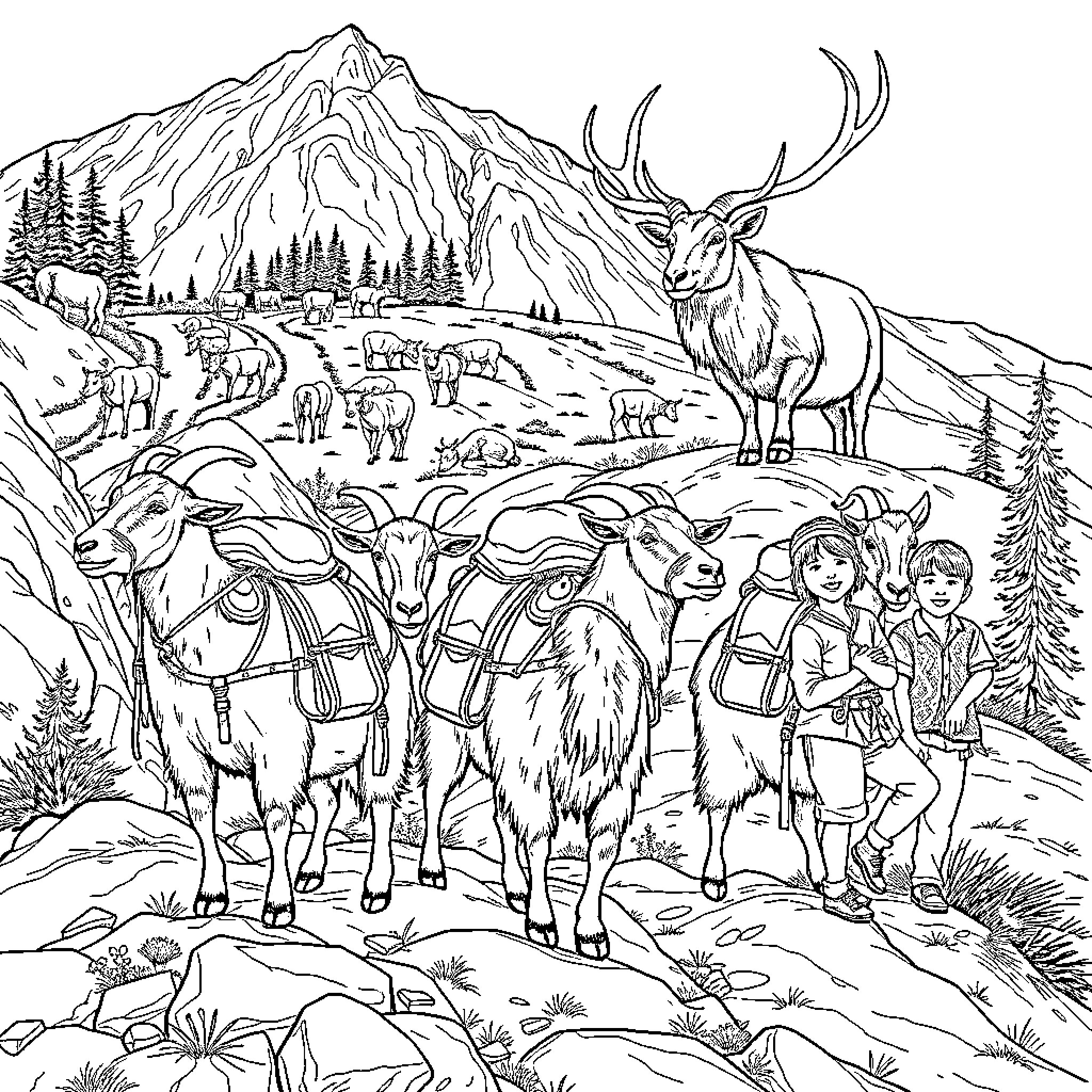 Goat herd grazing in scenic mountain landscape Coloring Page (free black-and-white line drawing printable PDF for all, from beginners to advanced learners, including children, teens, adults, and seniors)