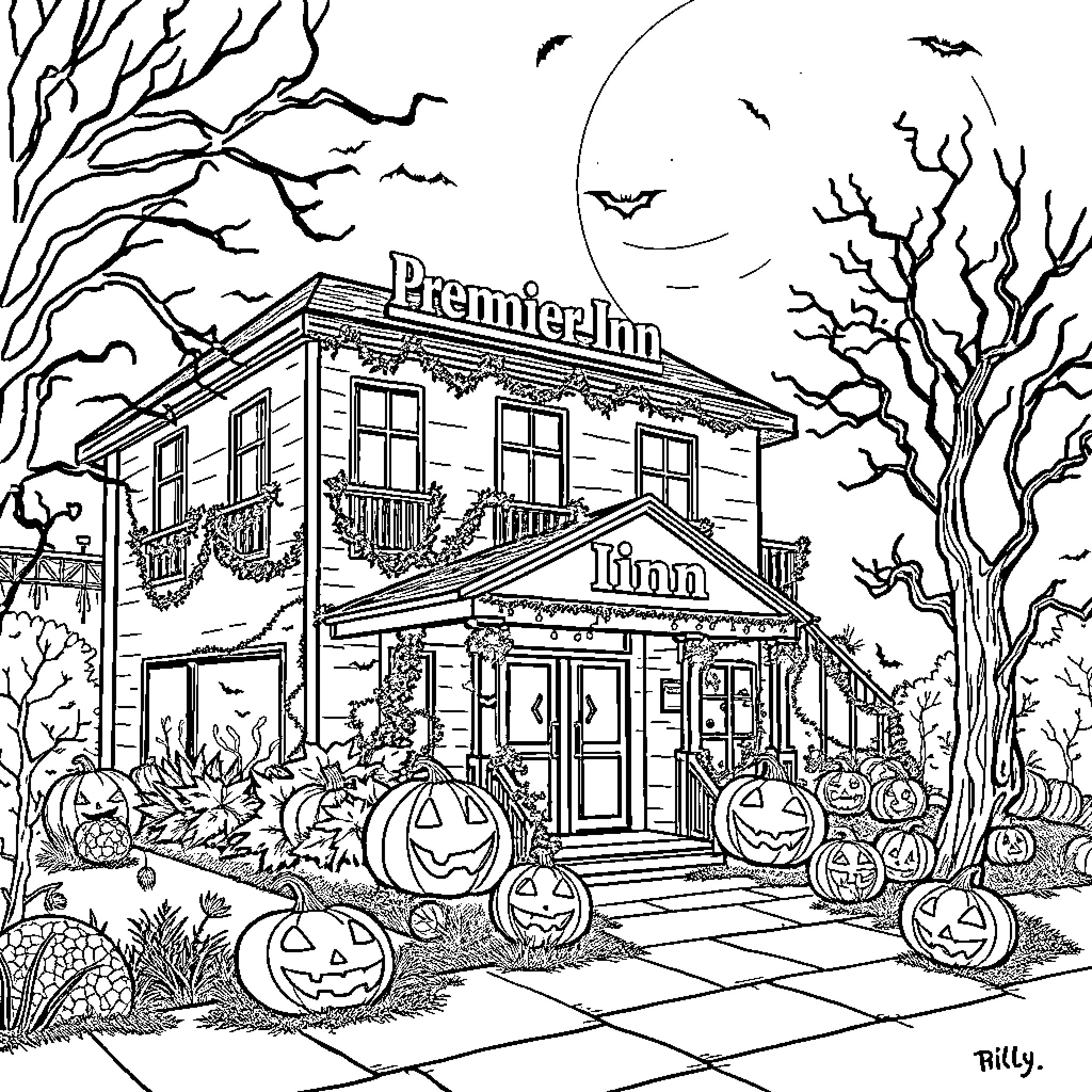 Halloween Haunted Inn with Spooky Decor and Pumpkins Coloring Page (free black-and-white line drawing printable PDF for all, from beginners to advanced learners, including children, teens, adults, and seniors)