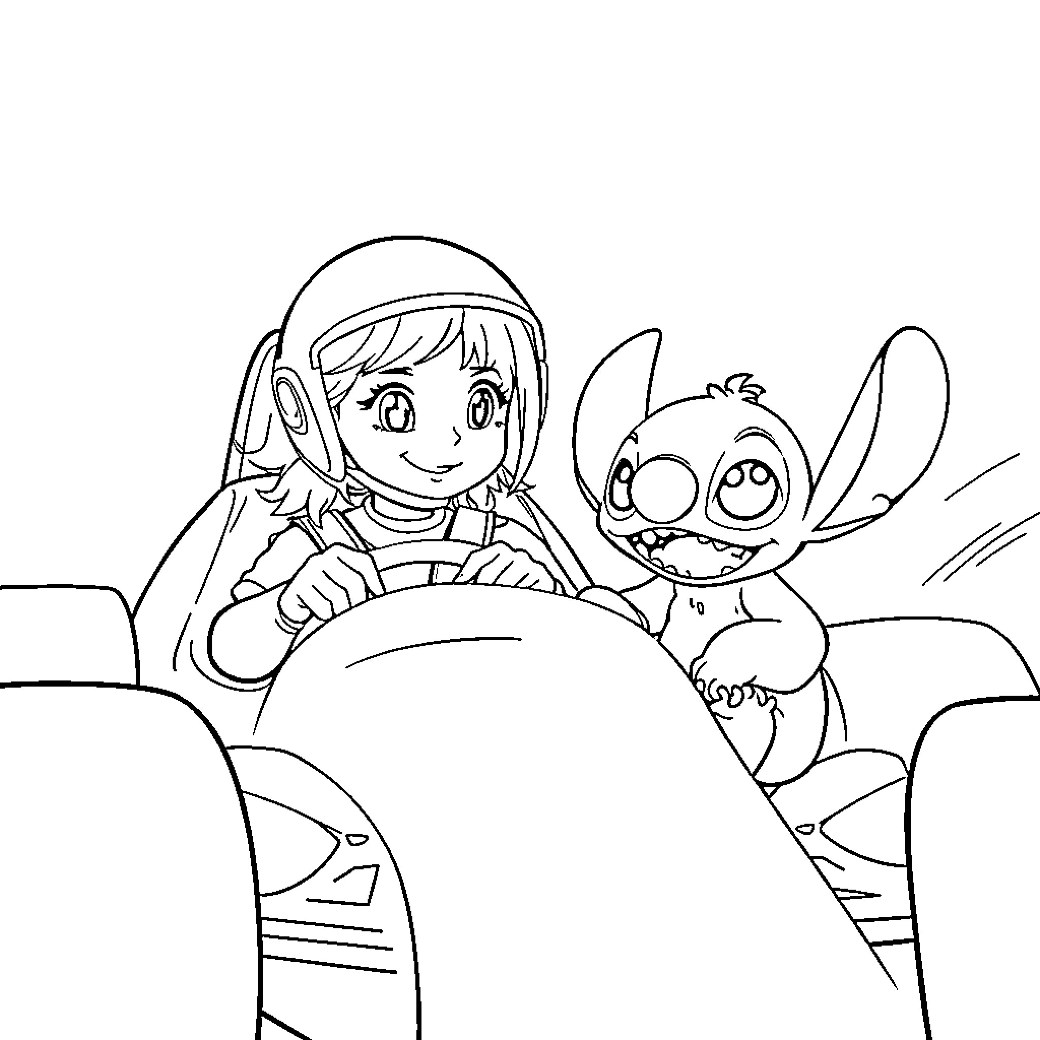 Girl and Alien Friend Explore the Unknown Coloring Page (free black-and-white line drawing printable PDF for all, from beginners to advanced learners, including children, teens, adults, and seniors)