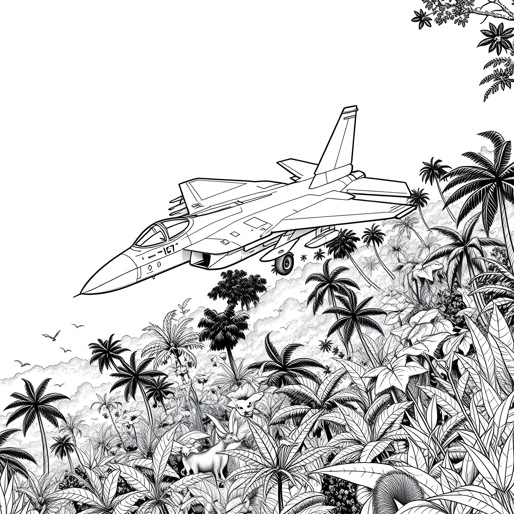 Eagle soaring through lush tropical landscape Coloring Page (free black-and-white line drawing printable PDF for all, from beginners to advanced learners, including children, teens, adults, and seniors)