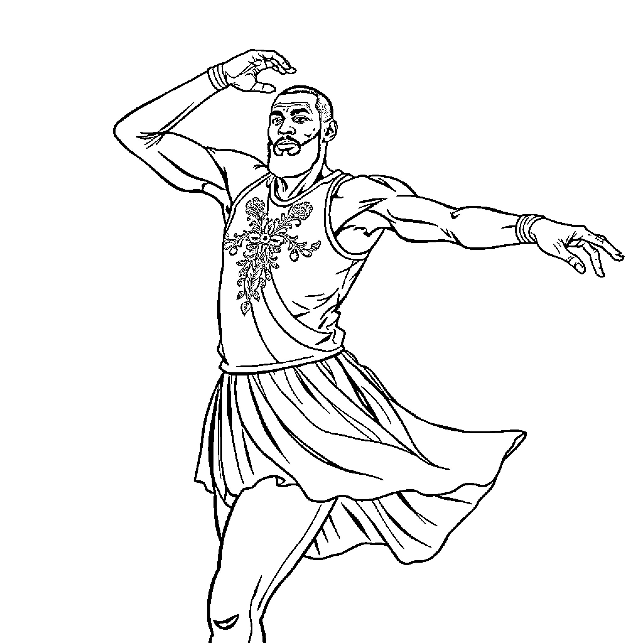 LeBron James performing a traditional dance Coloring Page (free black-and-white line drawing printable PDF for all, from beginners to advanced learners, including children, teens, adults, and seniors)
