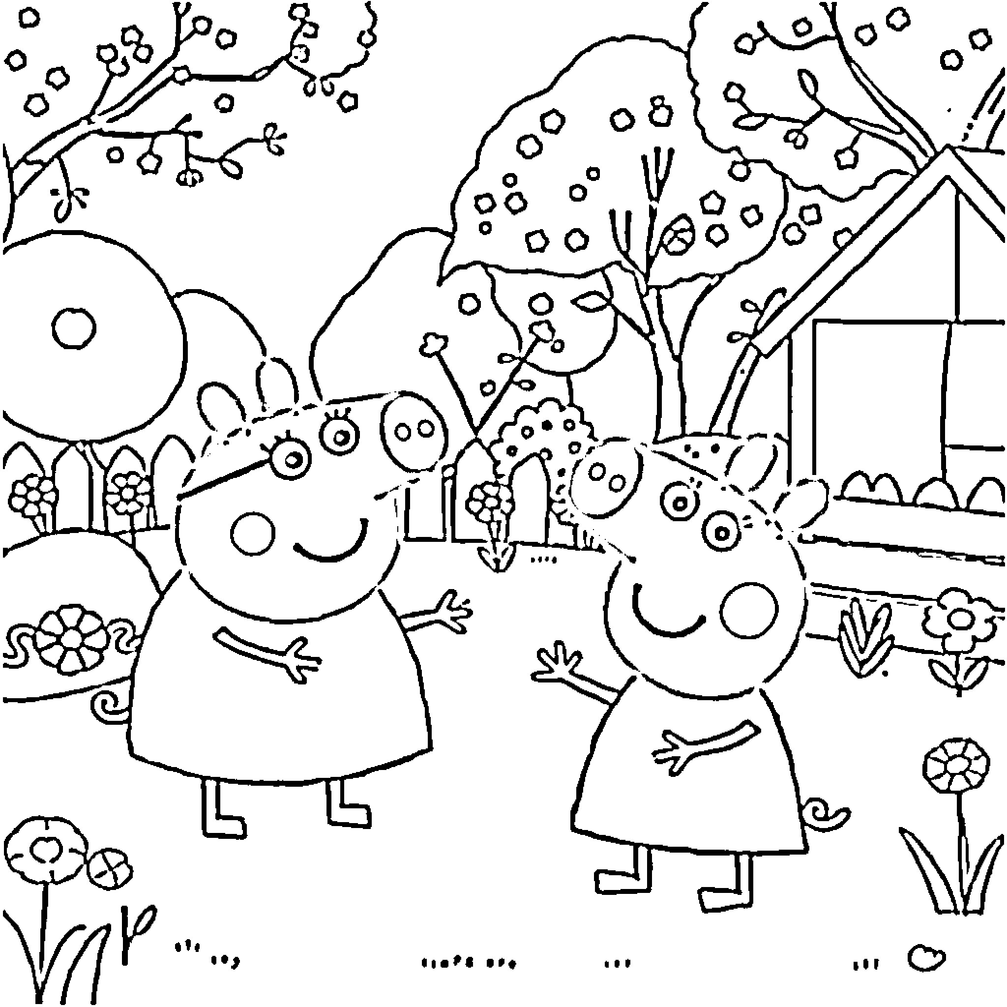 Peppa Pig and Friends Explore the Outdoors Coloring Page (free black-and-white line drawing printable PDF for all, from beginners to advanced learners, including children, teens, adults, and seniors)