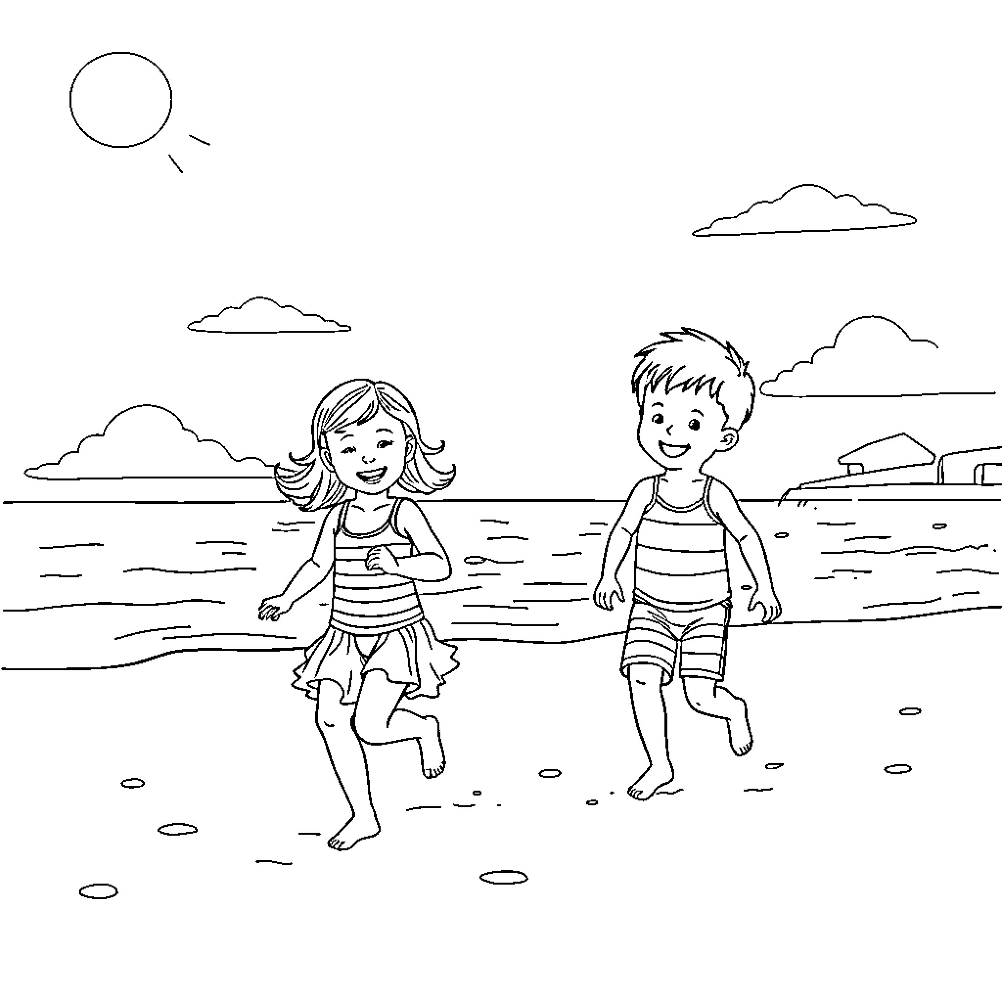 Child playing on the beach with friend Coloring Page (free black-and-white line drawing printable PDF for all, from beginners to advanced learners, including children, teens, adults, and seniors)