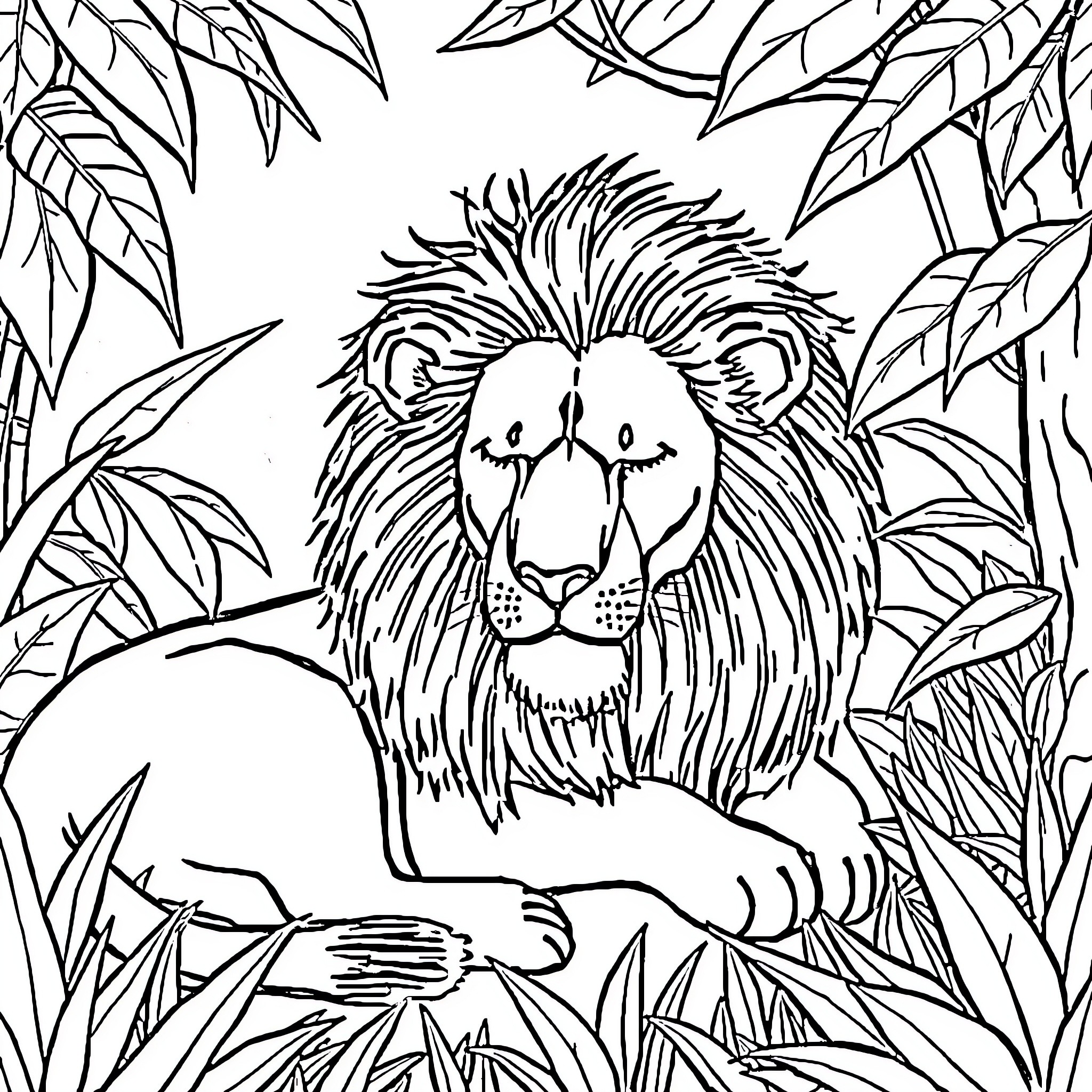 Lion resting in lush tropical foliage Coloring Page (free black-and-white line drawing printable PDF for all, from beginners to advanced learners, including children, teens, adults, and seniors)