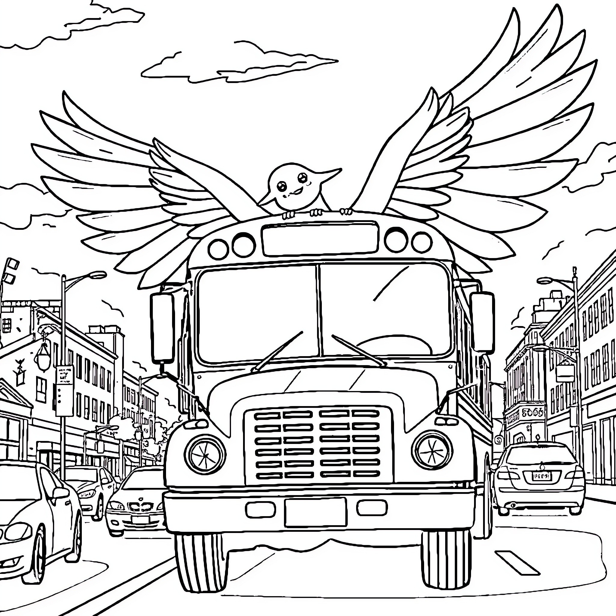 Bus with wings soaring through the city streets Coloring Page (free black-and-white line drawing printable PDF for all, from beginners to advanced learners, including children, teens, adults, and seniors)