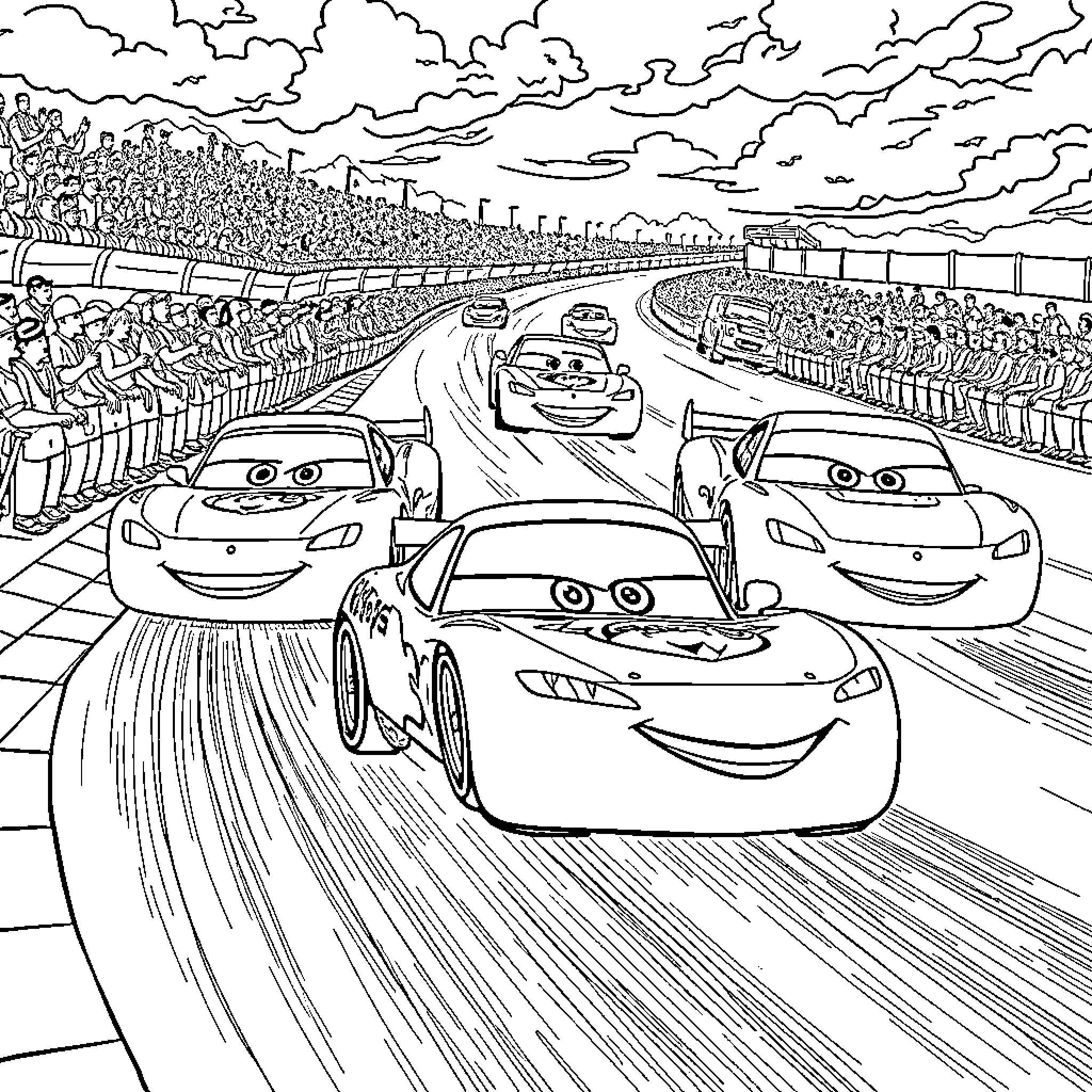 Flash McQueen racing with friends on the racetrack Coloring Page (free black-and-white line drawing printable PDF for all, from beginners to advanced learners, including children, teens, adults, and seniors)
