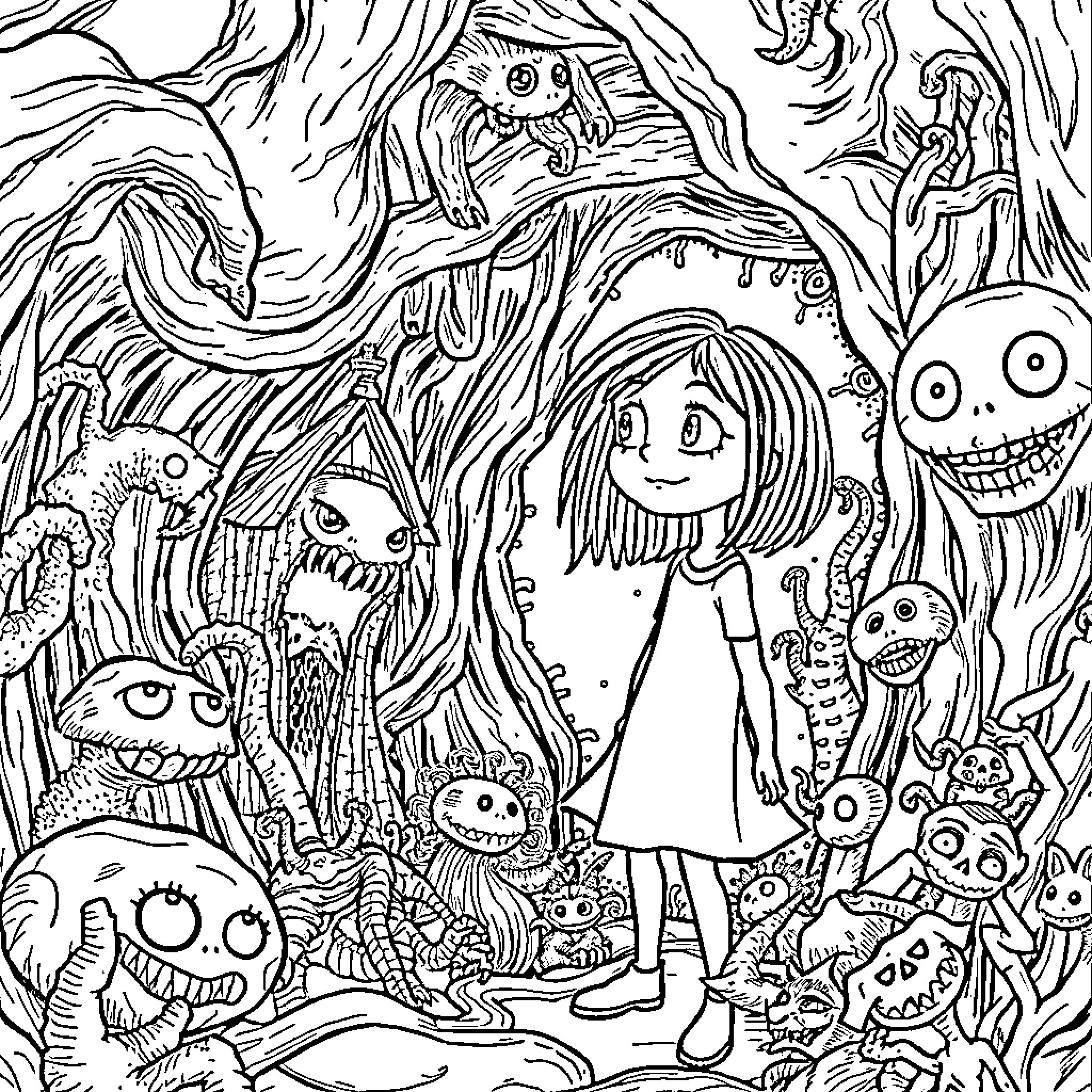 Coraline's whimsical adventures in the mysterious world Coloring Page (free black-and-white line drawing printable PDF for all, from beginners to advanced learners, including children, teens, adults, and seniors)