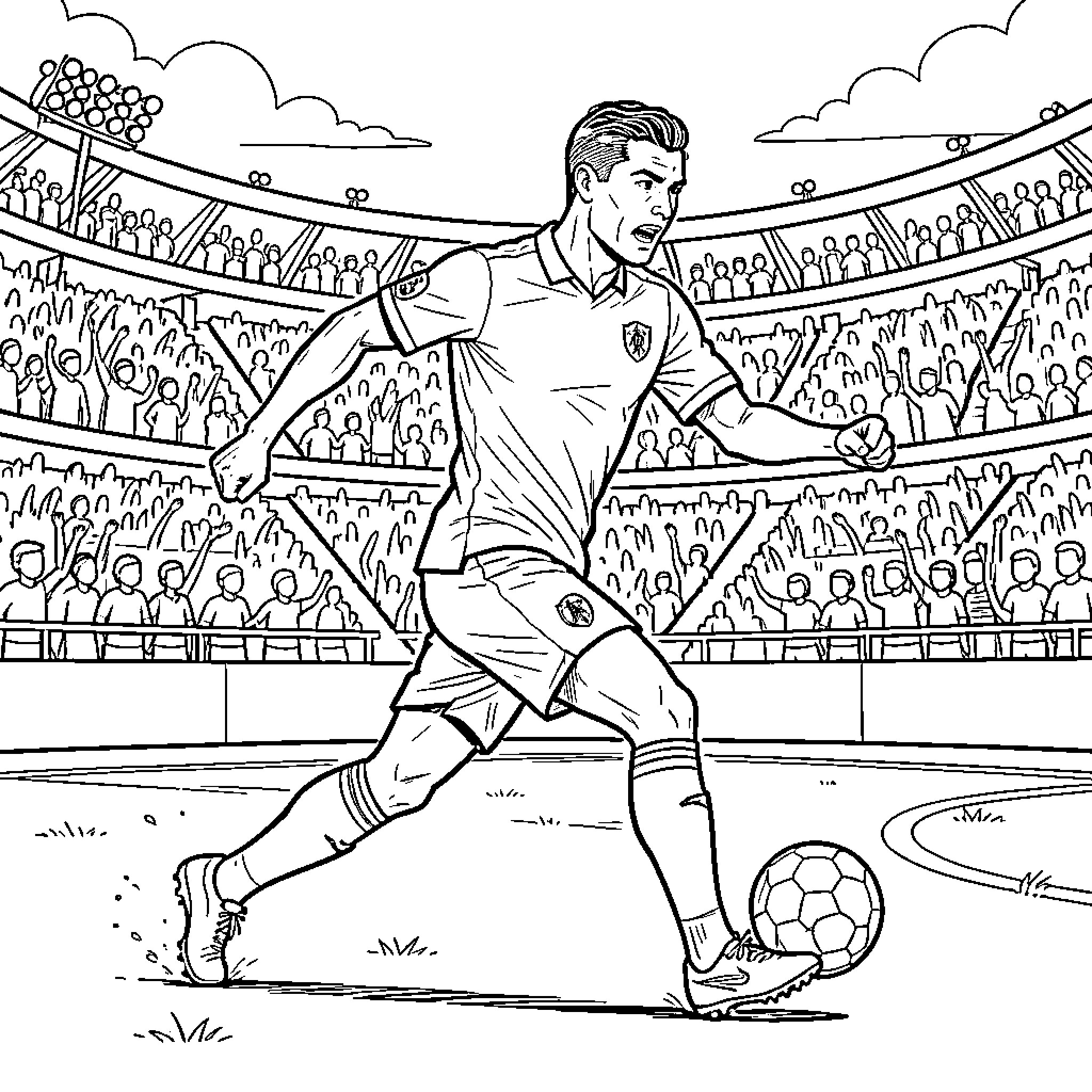 Ronaldo dribbling a soccer ball in a crowded stadium Coloring Page (free black-and-white line drawing printable PDF for all, from beginners to advanced learners, including children, teens, adults, and seniors)