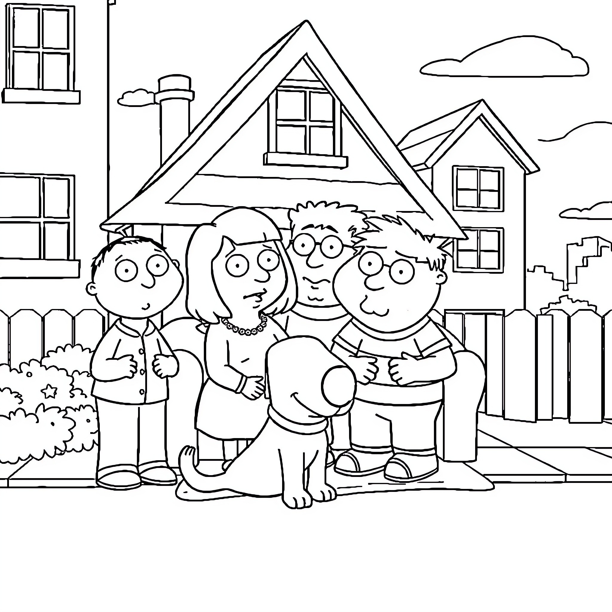 Family Guy enjoying a day at home Coloring Page (free black-and-white line drawing printable PDF for all, from beginners to advanced learners, including children, teens, adults, and seniors)