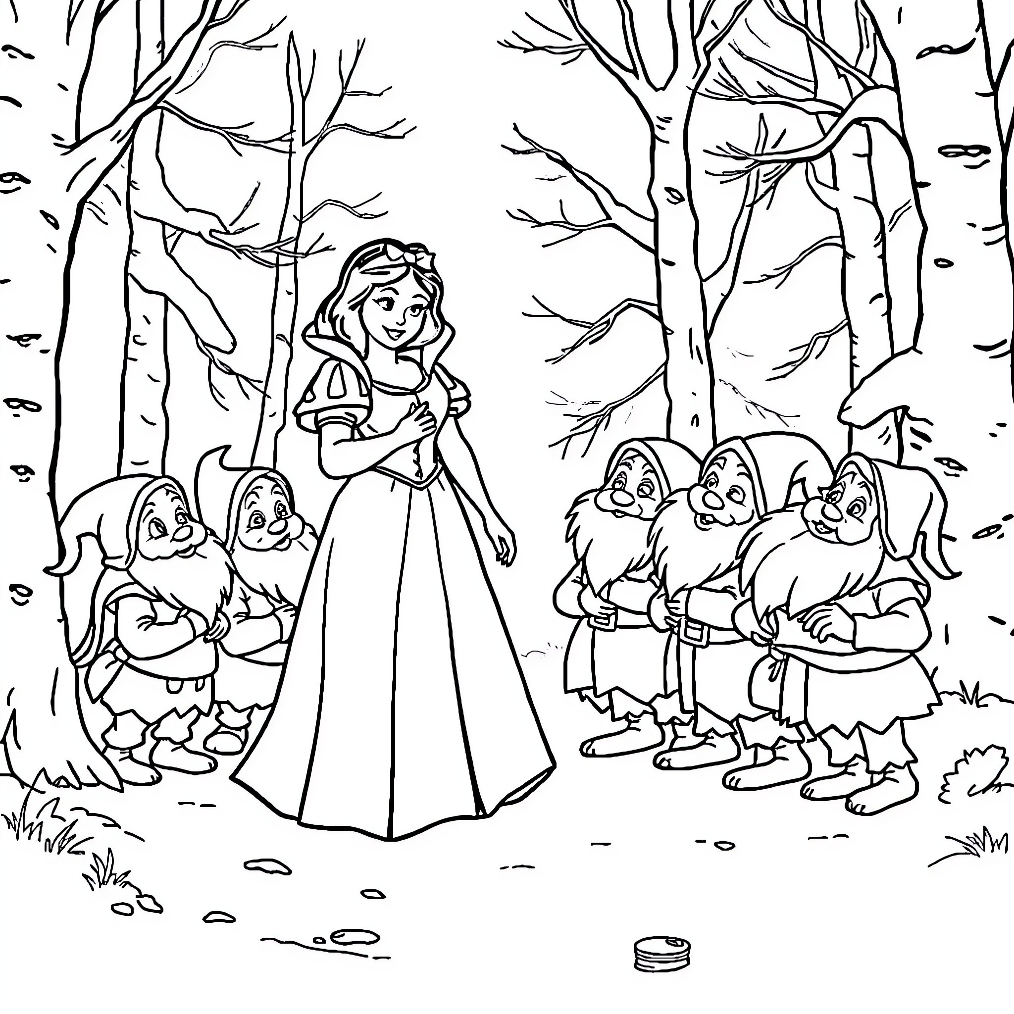 Snow White surrounded by dwarfs in the forest Coloring Page (free black-and-white line drawing printable PDF for all, from beginners to advanced learners, including children, teens, adults, and seniors)