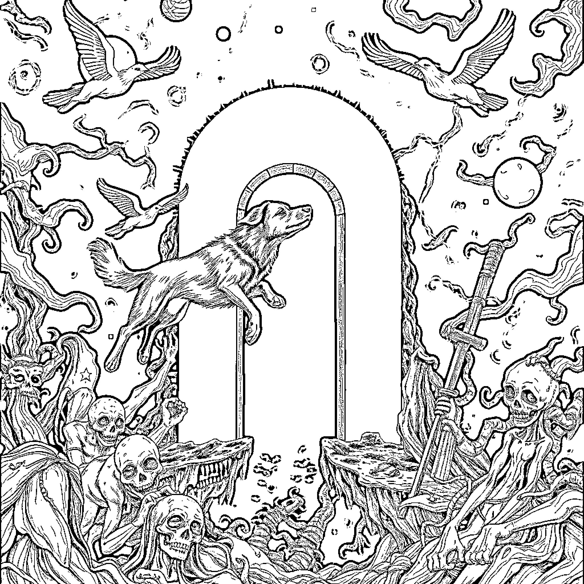 Dog soaring through a mystical, ethereal landscape Coloring Page (free black-and-white line drawing printable PDF for all, from beginners to advanced learners, including children, teens, adults, and seniors)