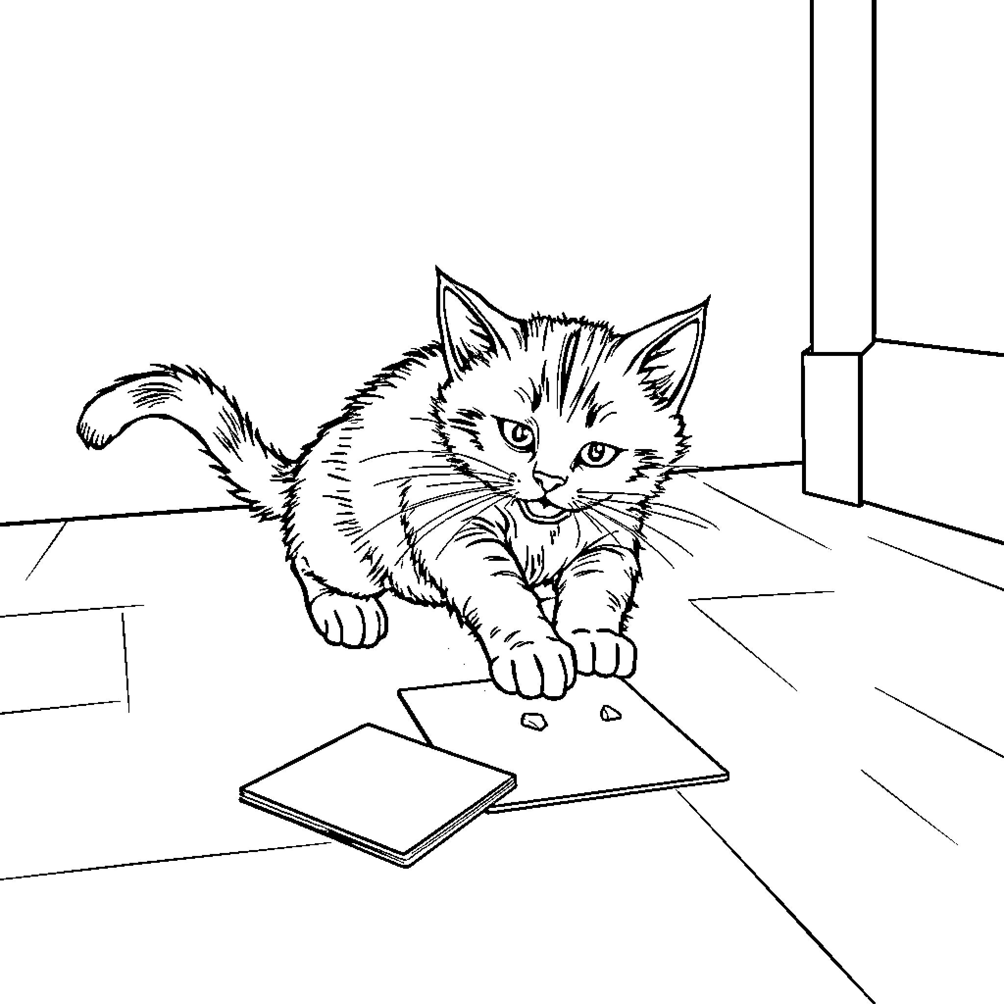 Cat exploring and playing on the floor Coloring Page (free black-and-white line drawing printable PDF for all, from beginners to advanced learners, including children, teens, adults, and seniors)