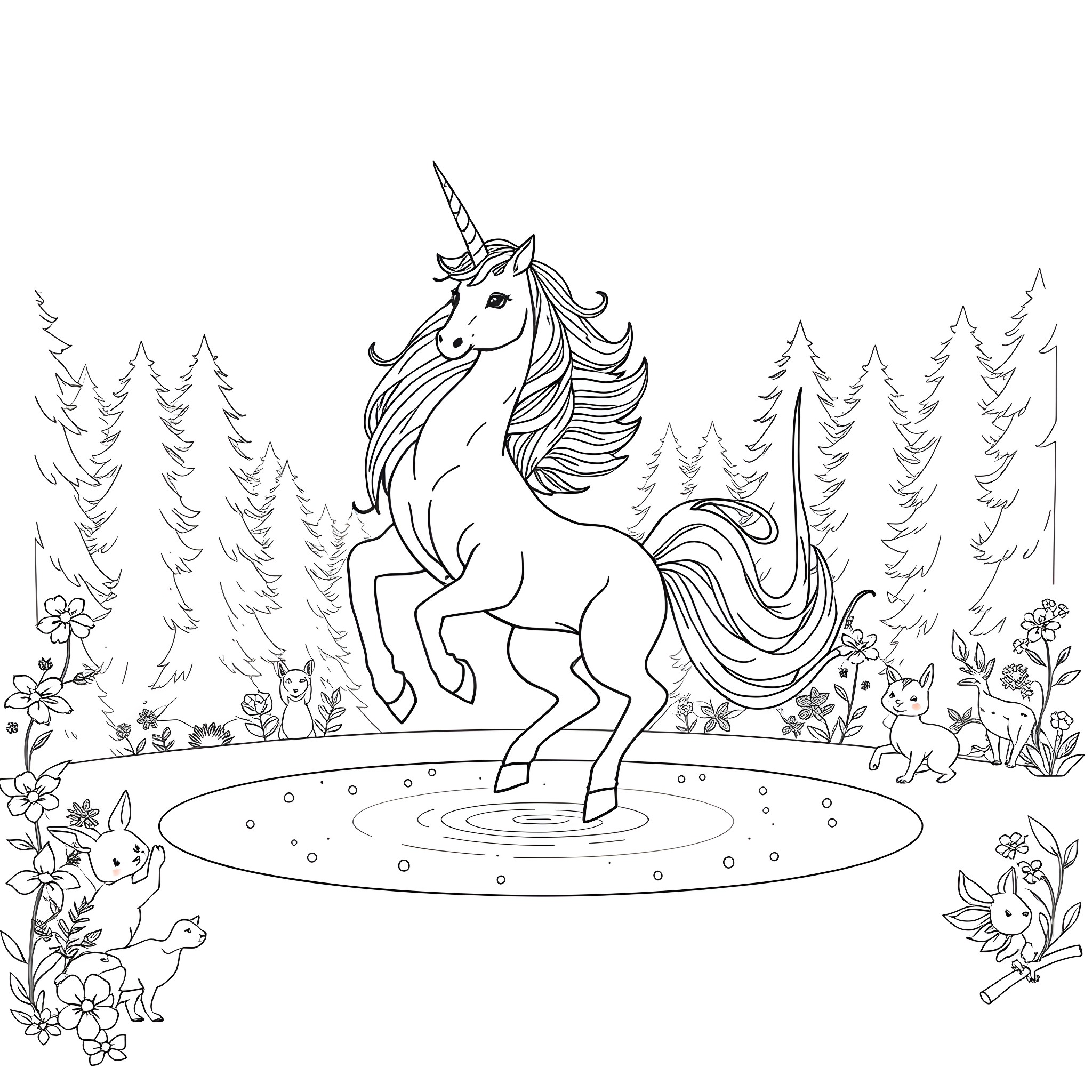 Unicorn standing proudly in a magical forest Coloring Page (free black-and-white line drawing printable PDF for all, from beginners to advanced learners, including children, teens, adults, and seniors)