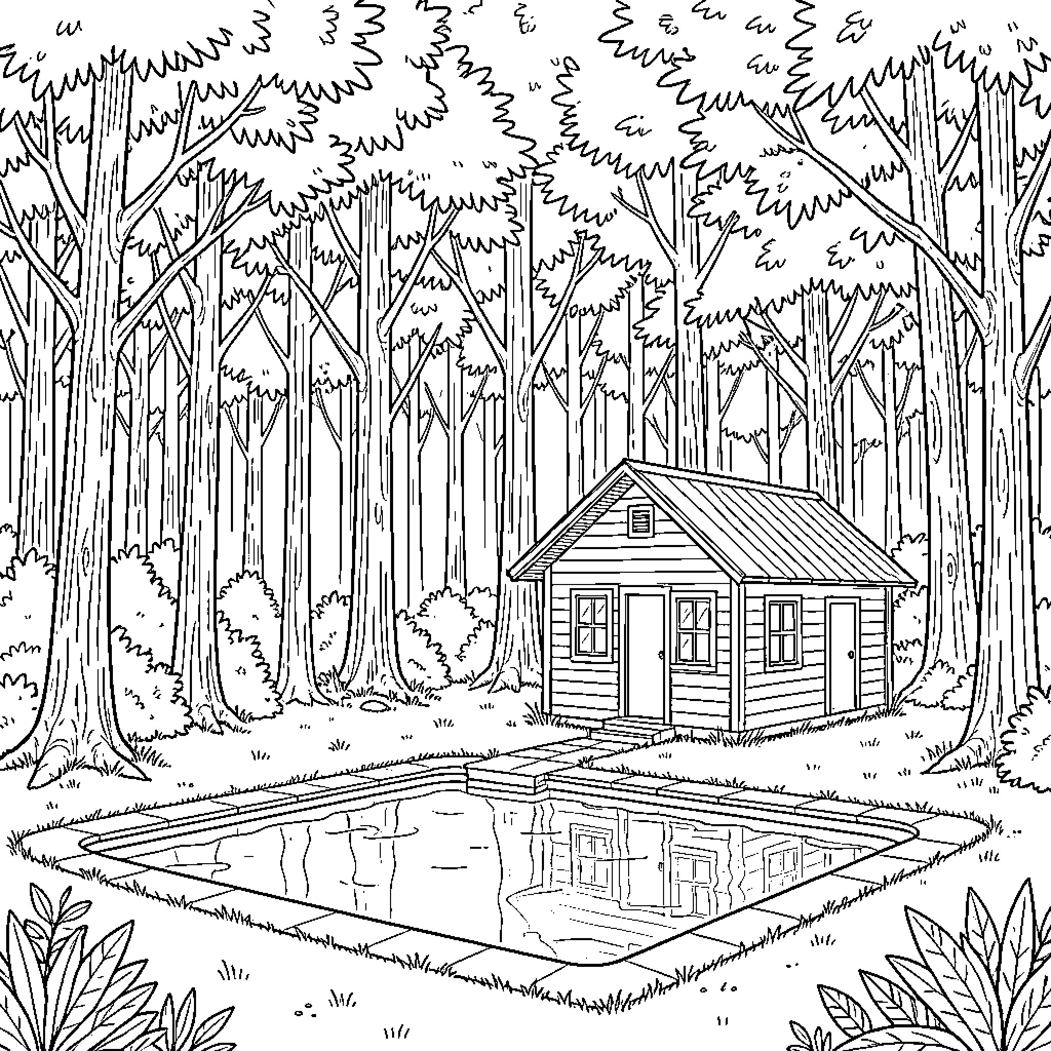 Forest clearing with a small cabin and pond Coloring Page (free black-and-white line drawing printable PDF for all, from beginners to advanced learners, including children, teens, adults, and seniors)