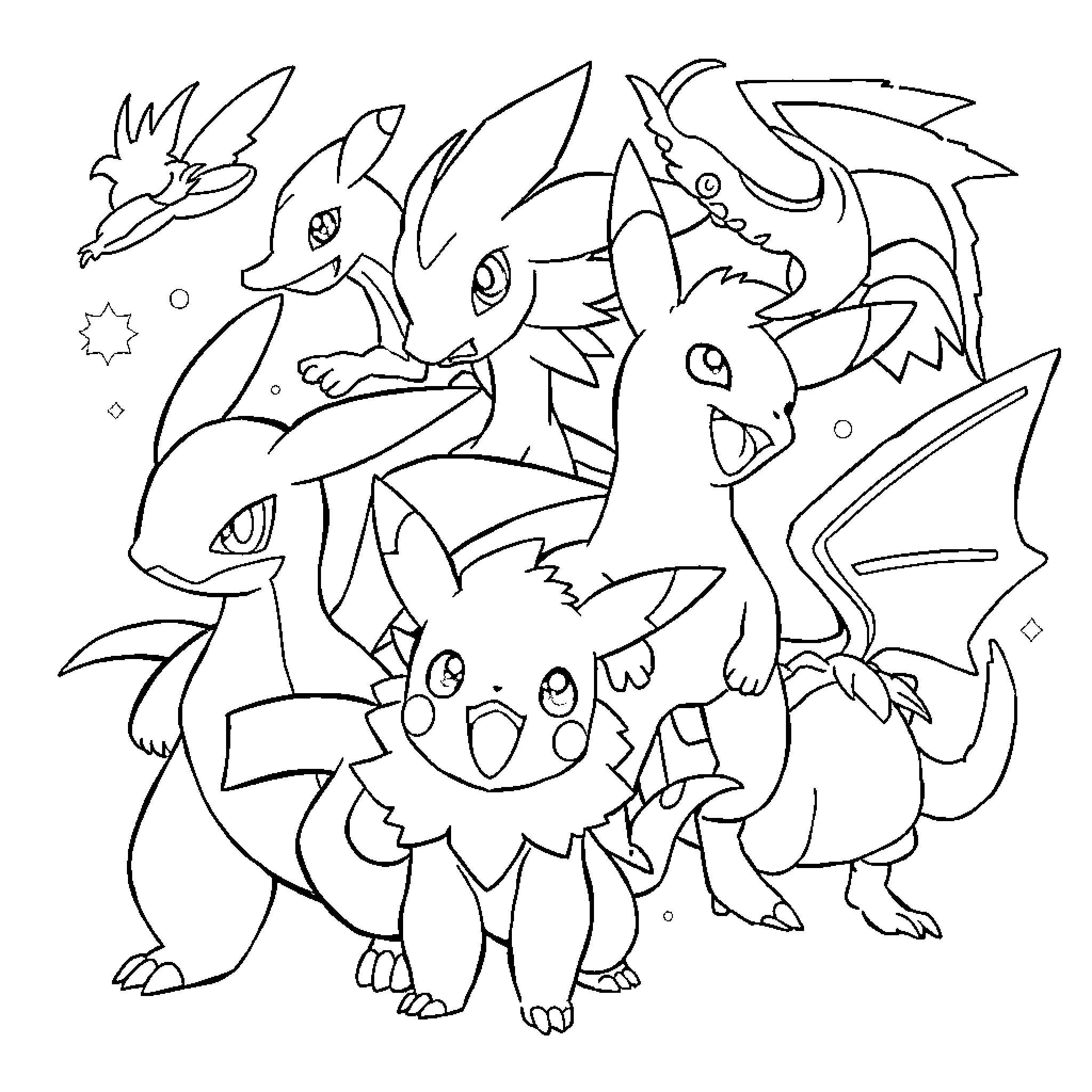 Pokémon Gather in Animated Scene Coloring Page (free black-and-white line drawing printable PDF for all, from beginners to advanced learners, including children, teens, adults, and seniors)