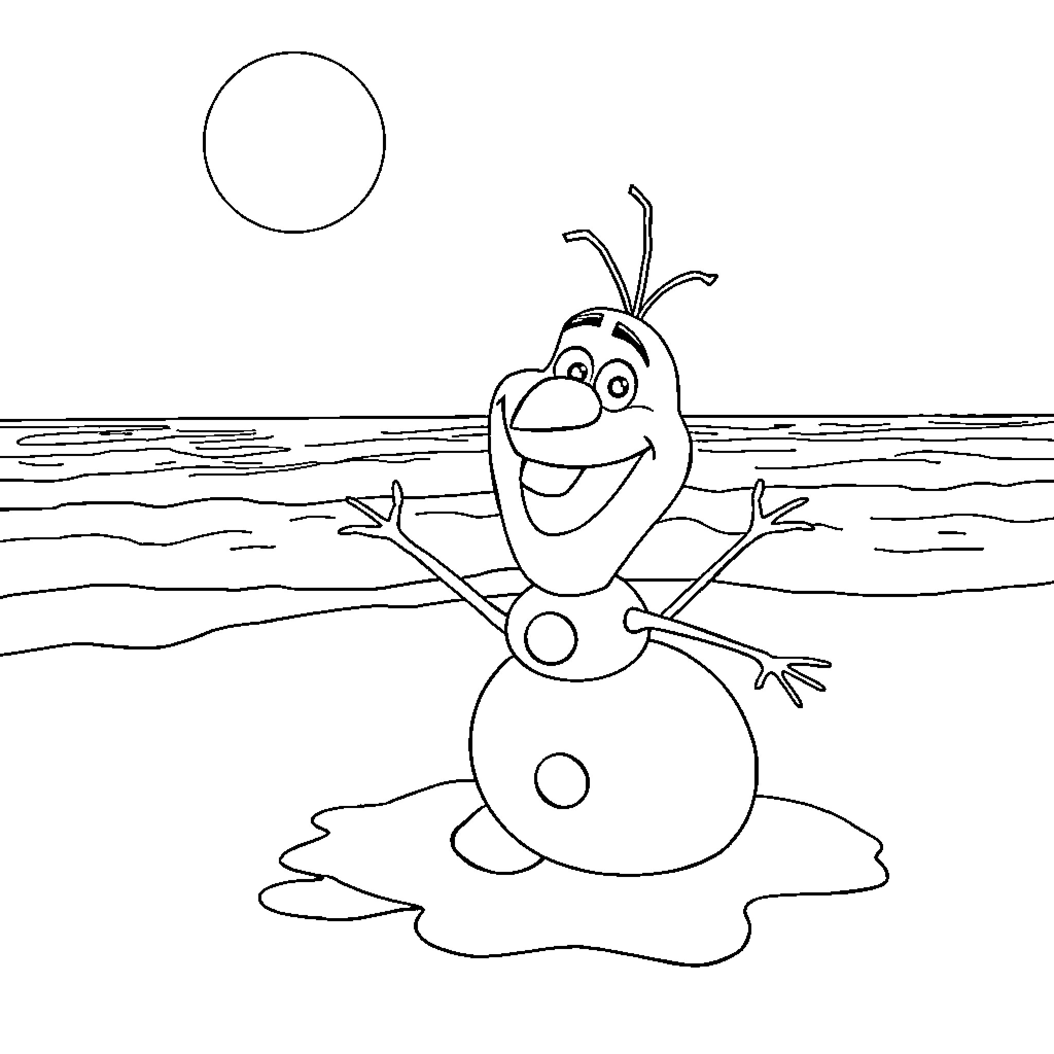 Olaf enjoying the sunny day by the sea Coloring Page (free black-and-white line drawing printable PDF for all, from beginners to advanced learners, including children, teens, adults, and seniors)